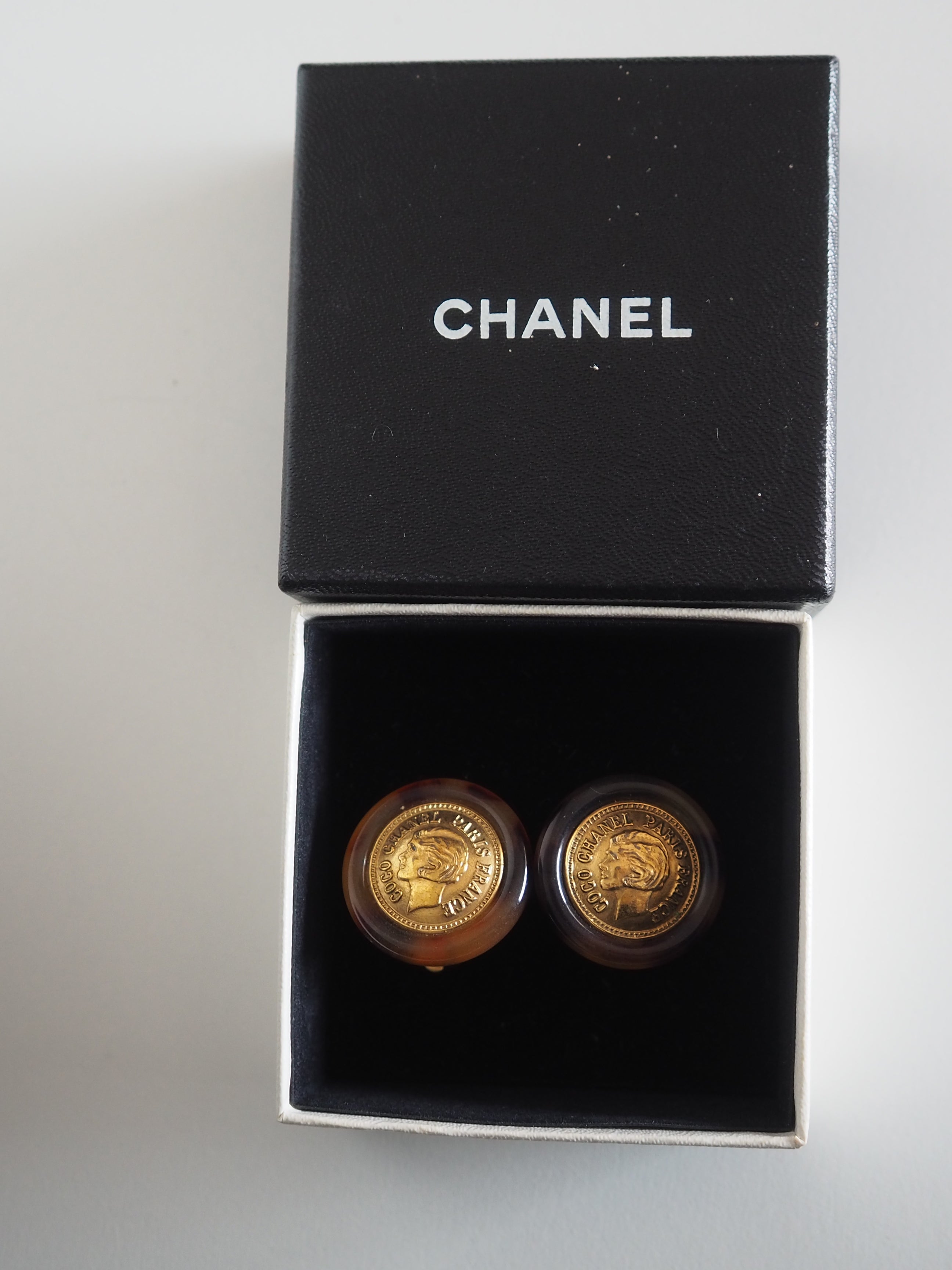 CHANEL Tortoise Shell Coin Earrings