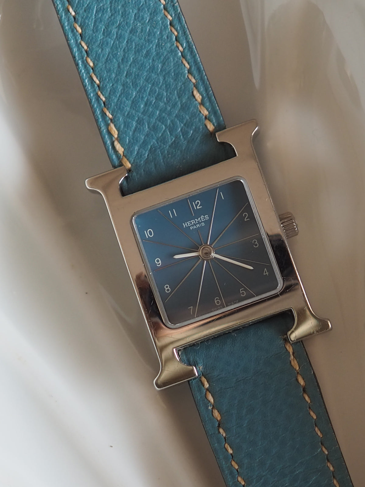 HERMES エルメス Hウォッチ 腕時計 ブルー 文字盤 シルバー レザー 