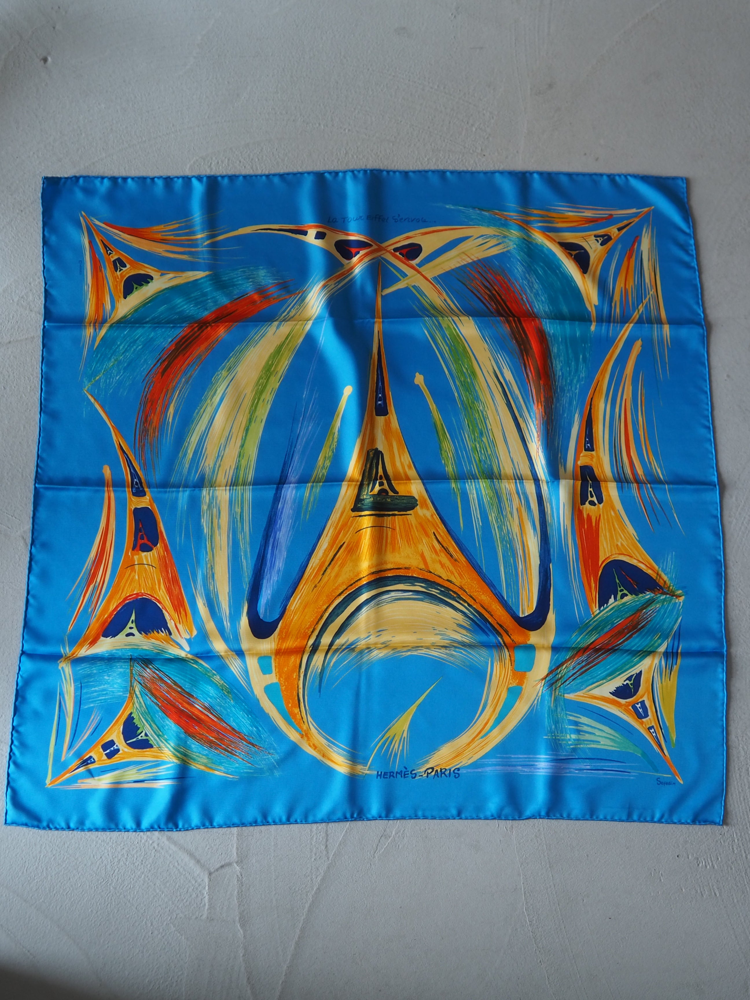 HERMES Scarf Care 90 " La Tour Eiffel S'Envole "