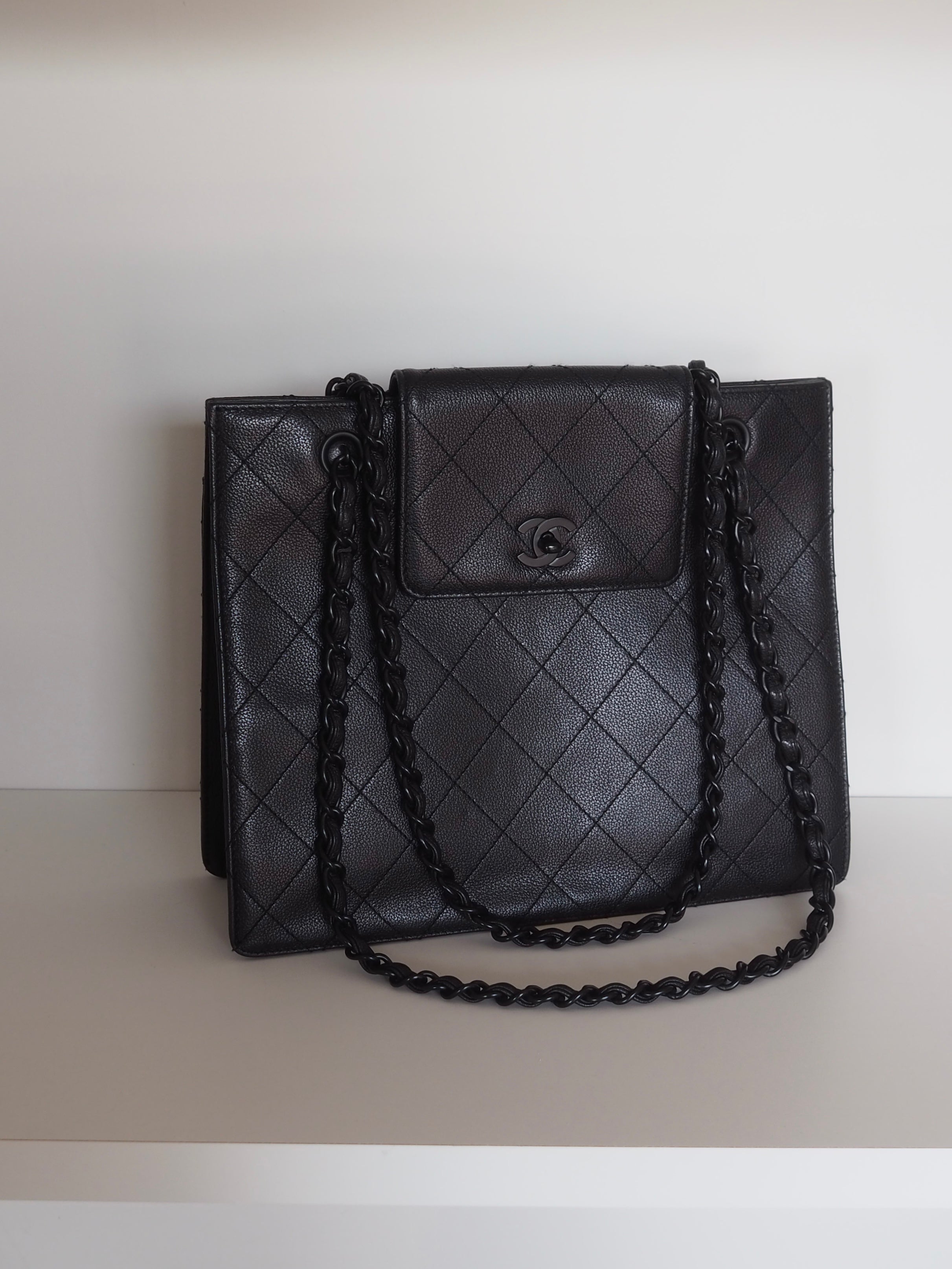 CHANEL Black Caviar Quilted Chain Tote Bag