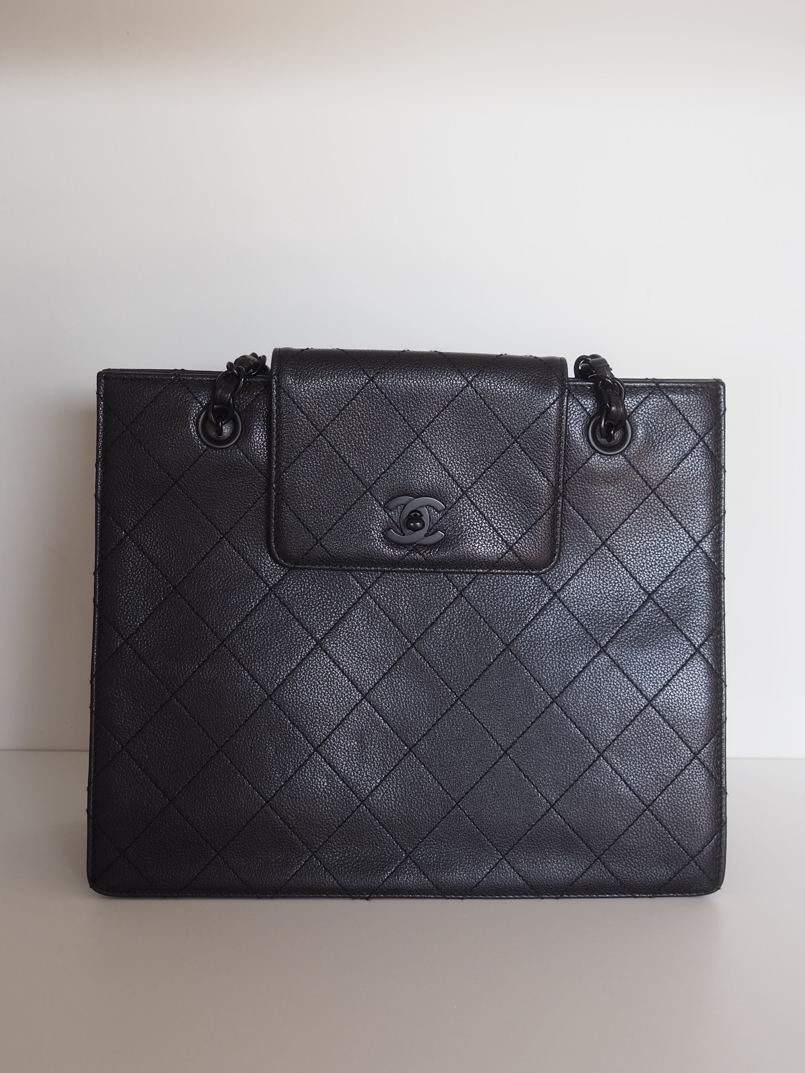 CHANEL Black Caviar Quilted Chain Tote Bag