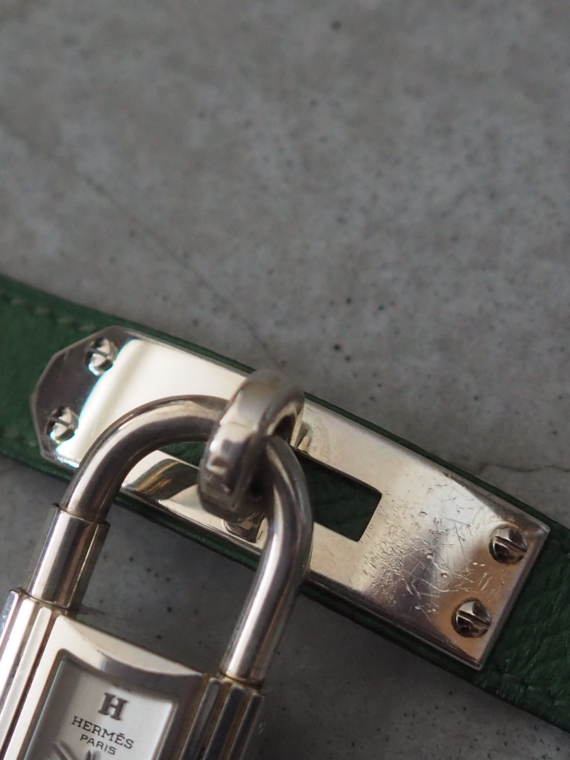 HERMES KELLY Watch Quartz Silver 925 Dial Green Leather Ladies Wristwatch Vintage Authentic