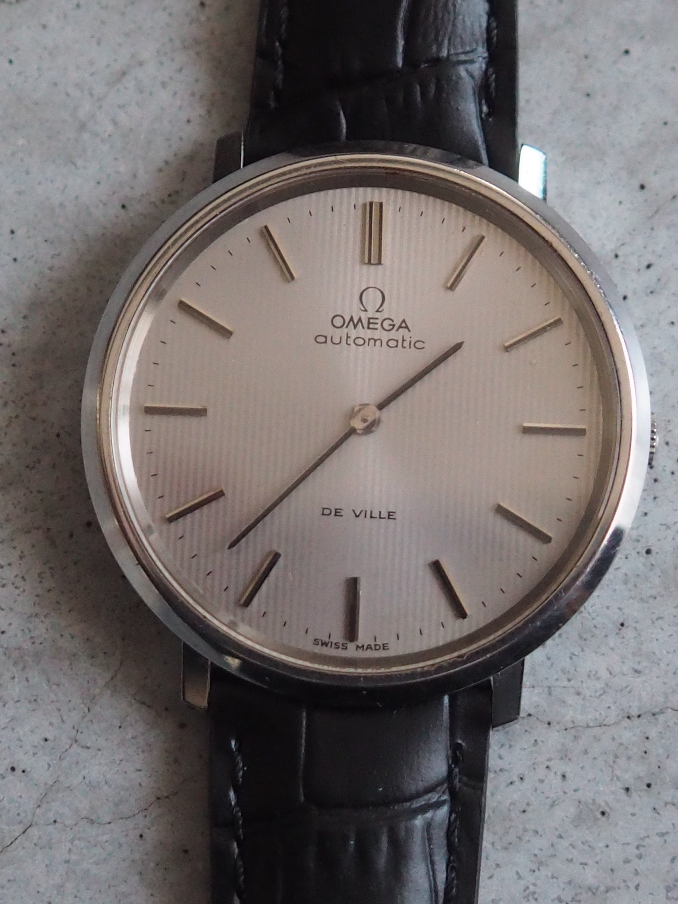 OMEGA DE VILLE Watch Silver Color Stainless steel Black Leather Men's Unisex Vintage Antique Authentic