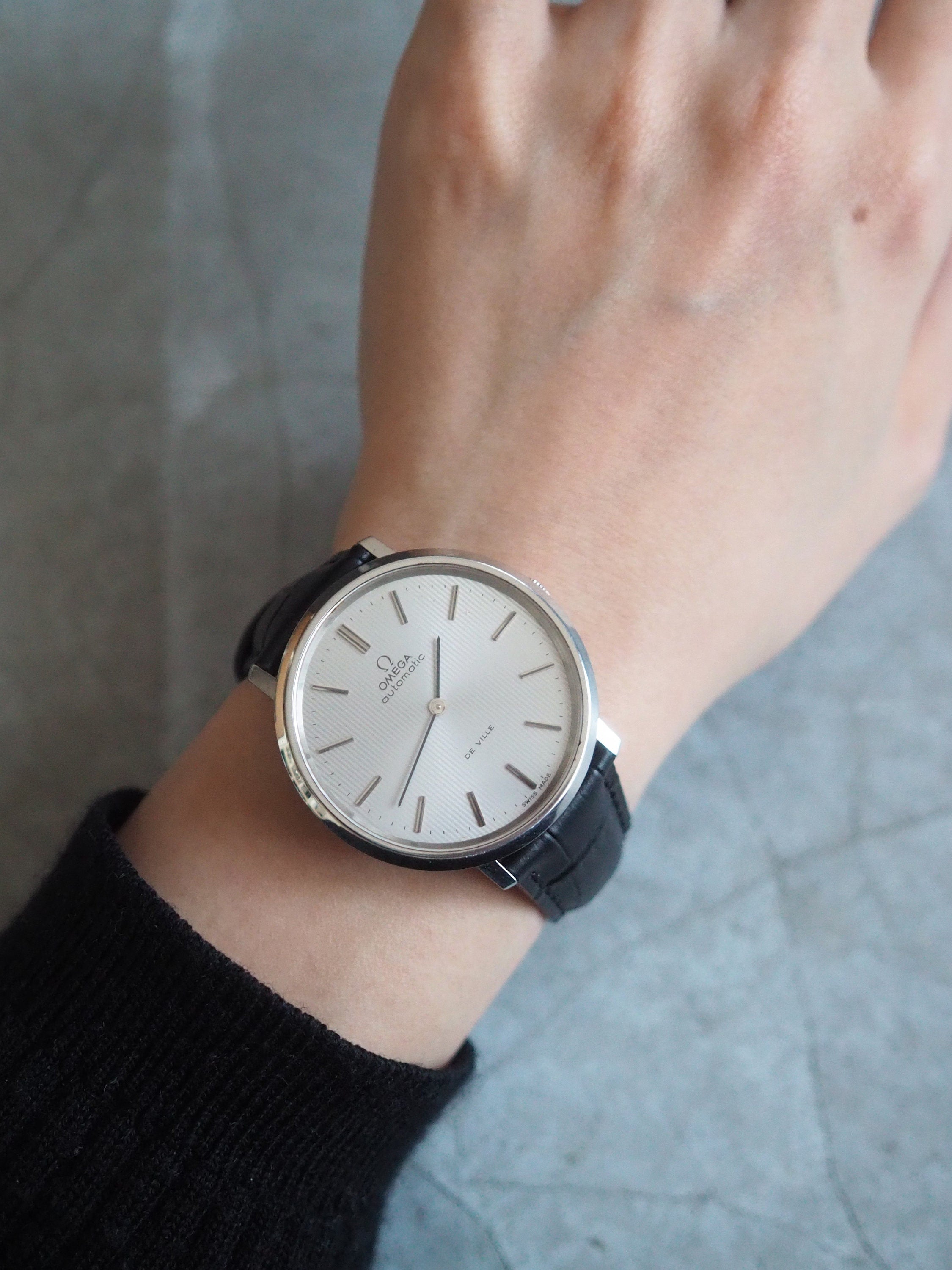 OMEGA DE VILLE Watch Silver Color Stainless steel Black Leather Men's Unisex Vintage Antique Authentic