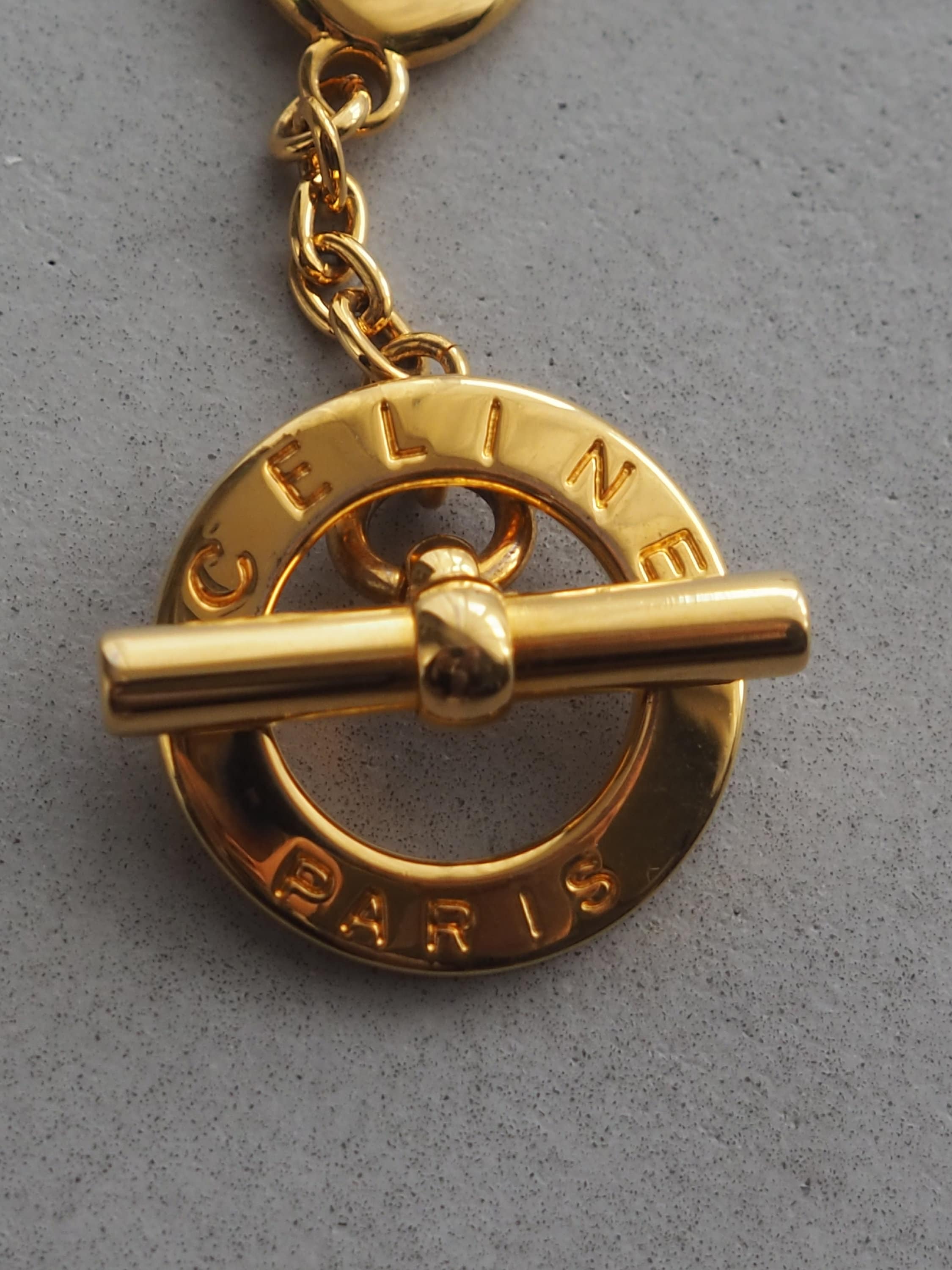 CELINE Circle Key Charm Chain Holder Vintage Gold Logo Authentic