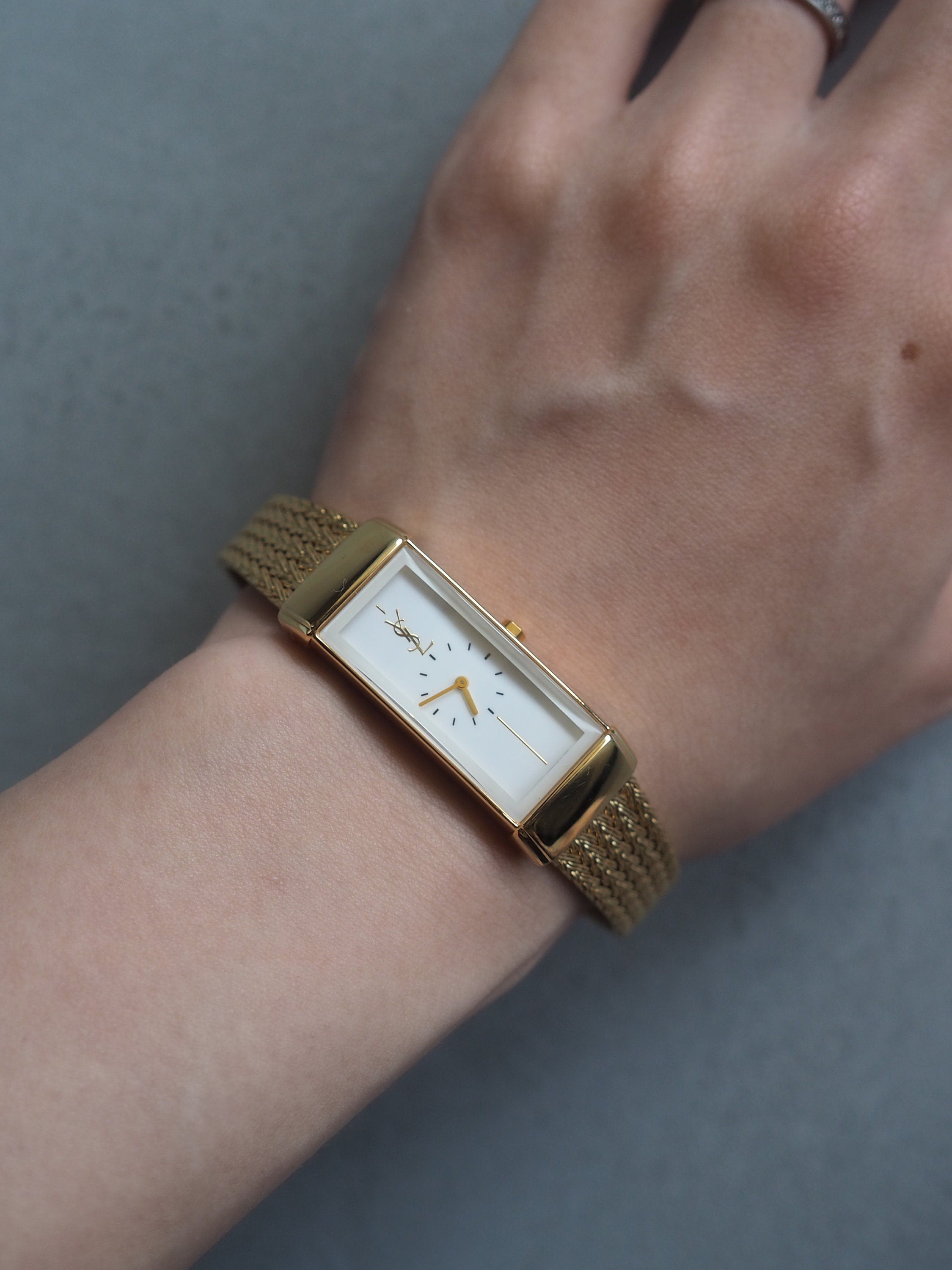 Yves Saint Laurent YSL Square Watch Wristwatch Logo Gold color Stainless steel Vintage Authentic