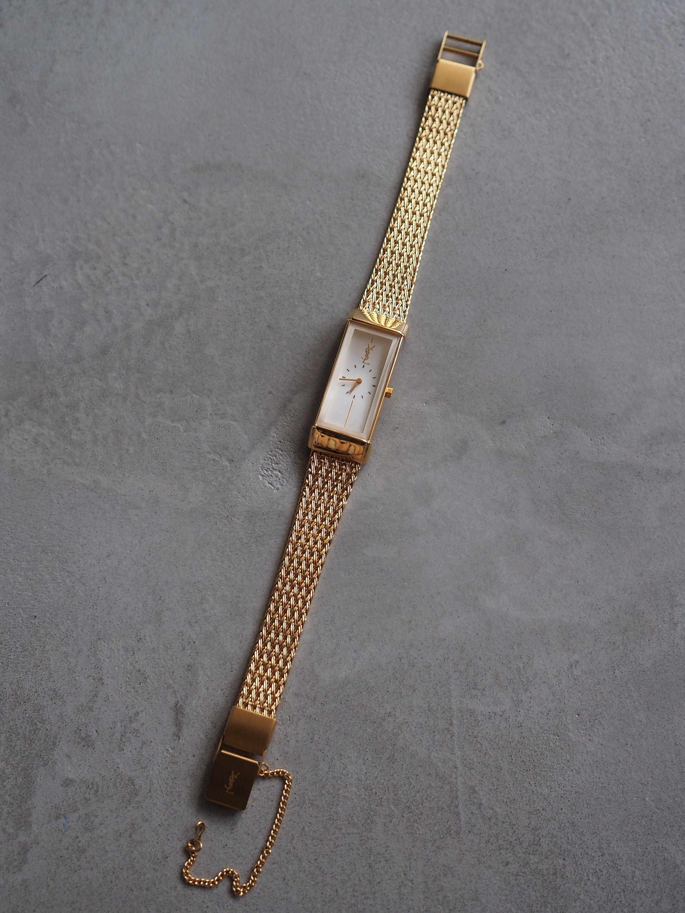 Yves Saint Laurent YSL Square Watch Wristwatch Logo Gold color Stainless steel Vintage Authentic