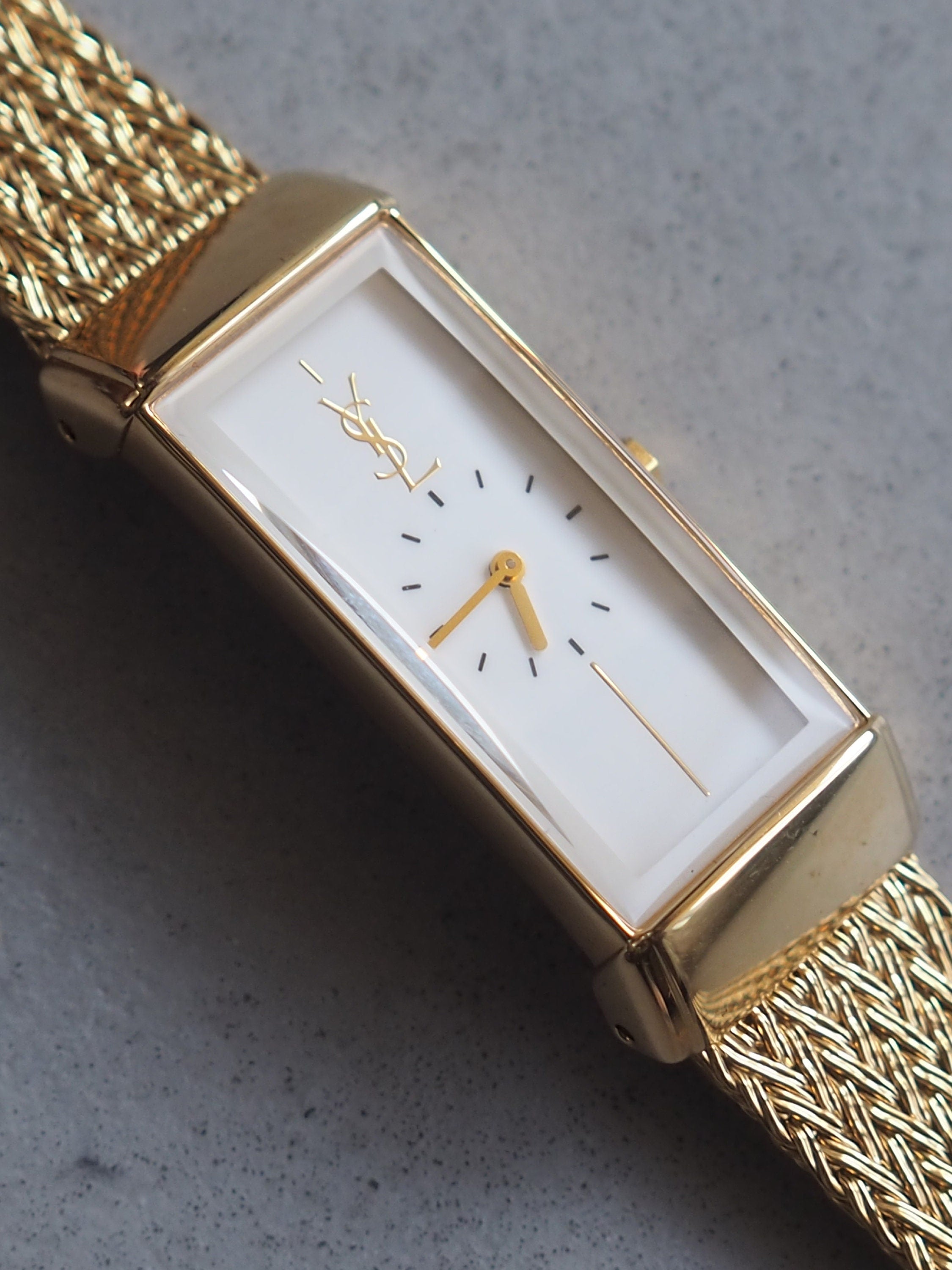 Yves Saint Laurent YSL Square Watch Wristwatch Logo Gold color Stainless steel Vintage Authentic