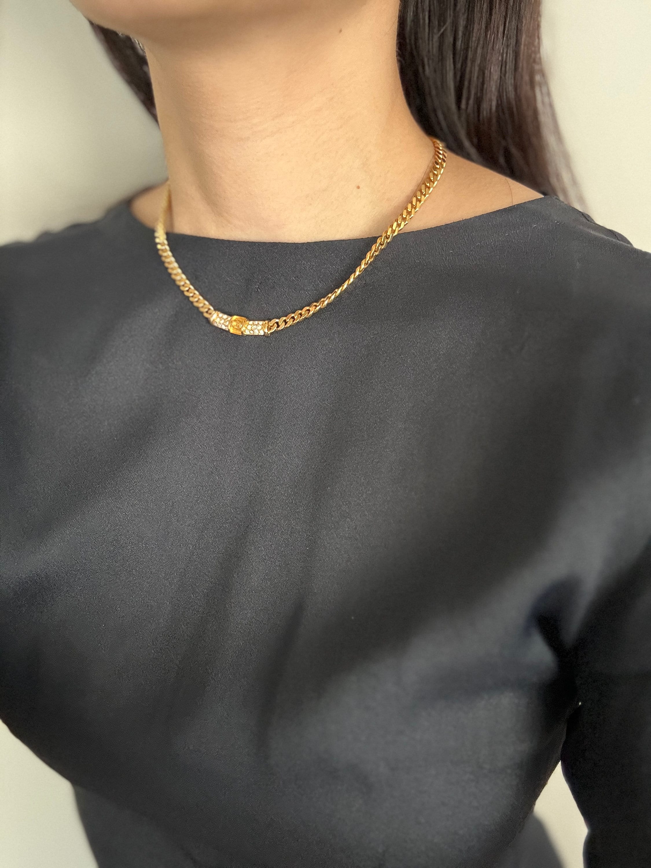 Christian Dior Necklace CD Logo Rhinestone Vintage Metal Gold Authentic