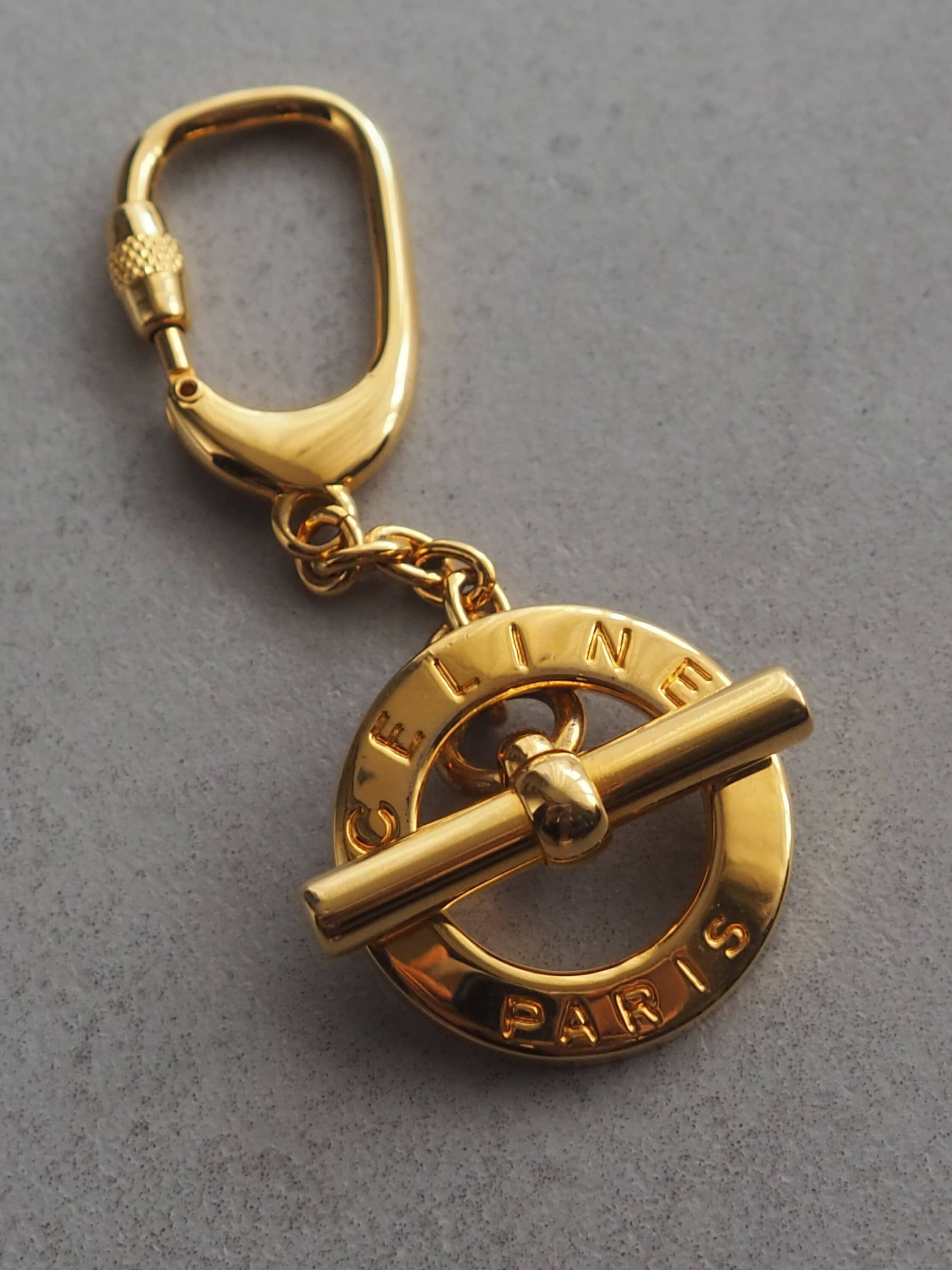 CELINE Circle Key Charm Chain Holder Vintage Gold Logo Authentic