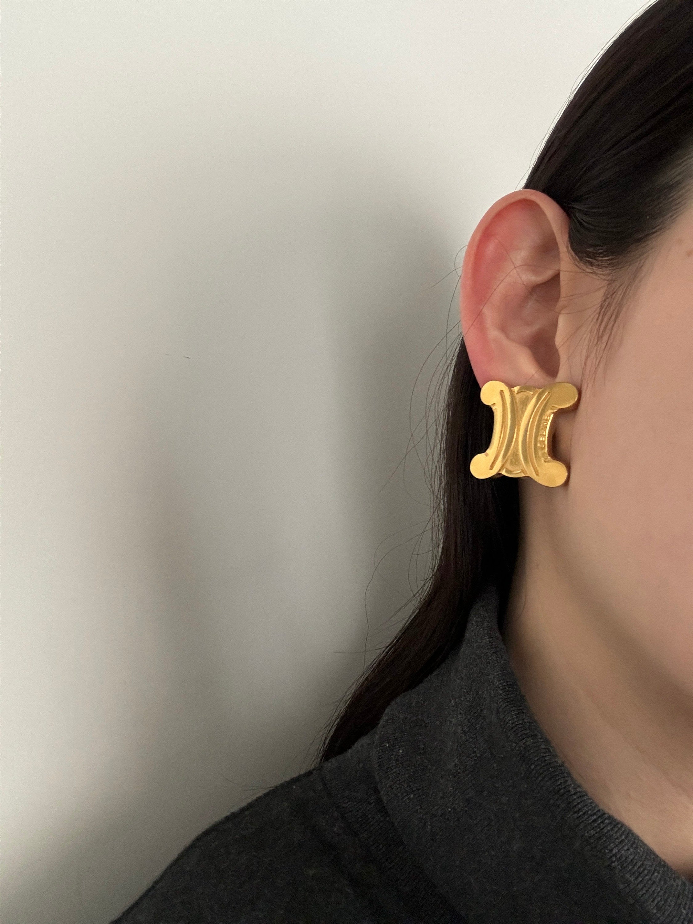 CELINE Macadam Logo Clip-On Earrings Gold Vintage Metal Authentic