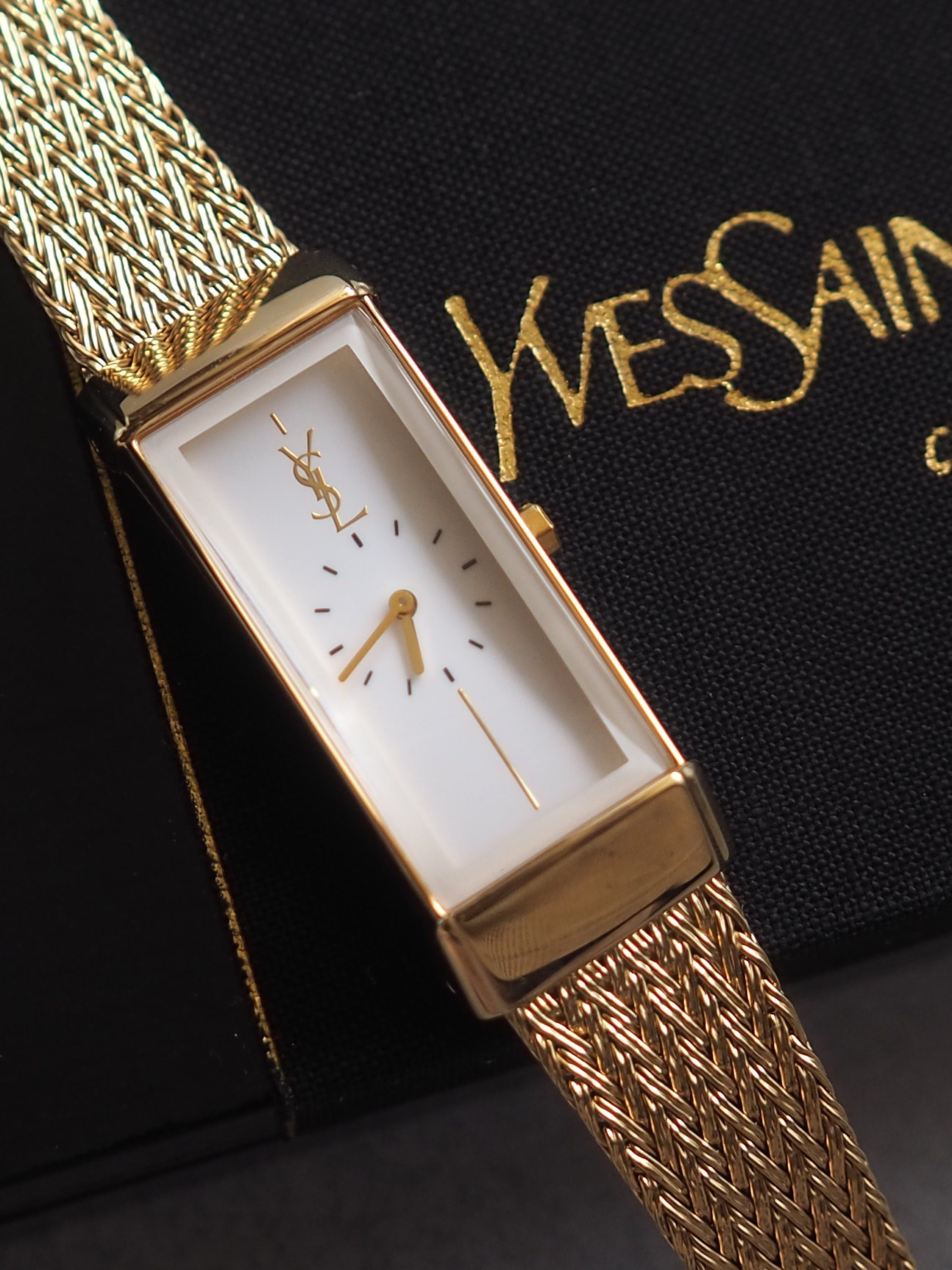 Yves Saint Laurent YSL Square Watch Wristwatch Logo Gold color Stainless steel Vintage Authentic