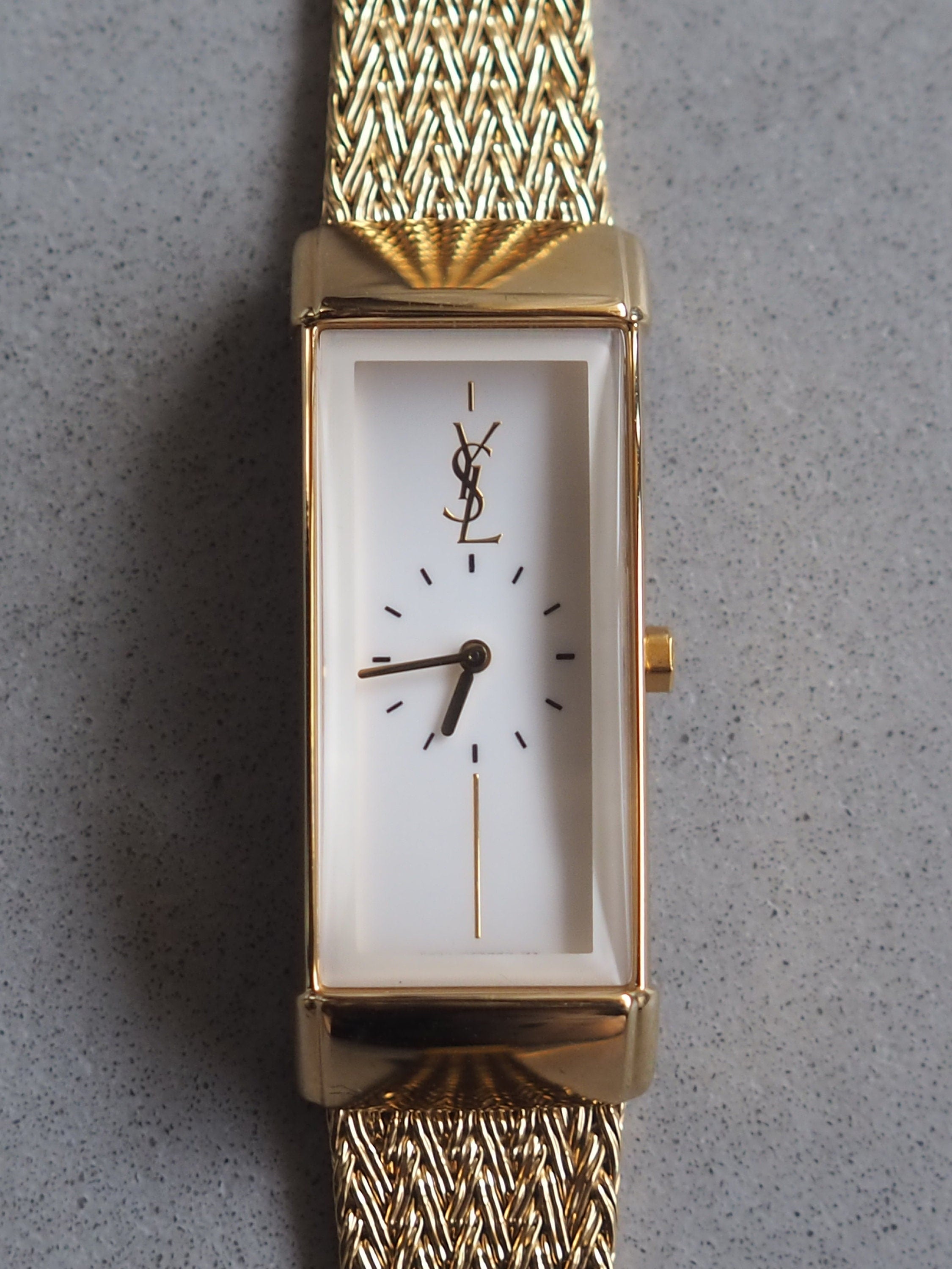 Yves Saint Laurent YSL Square Watch Wristwatch Logo Gold color Stainless steel Vintage Authentic