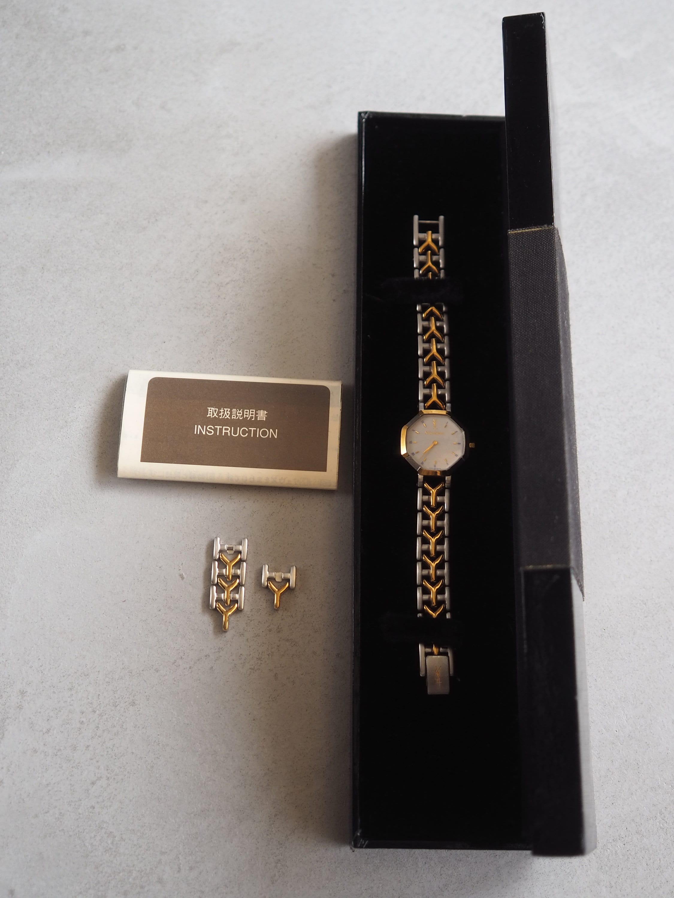 Yves Saint Laurent YSL Octogonal Watch Wristwatch Logo Gold Silver color Stainless steel Vintage Authentic