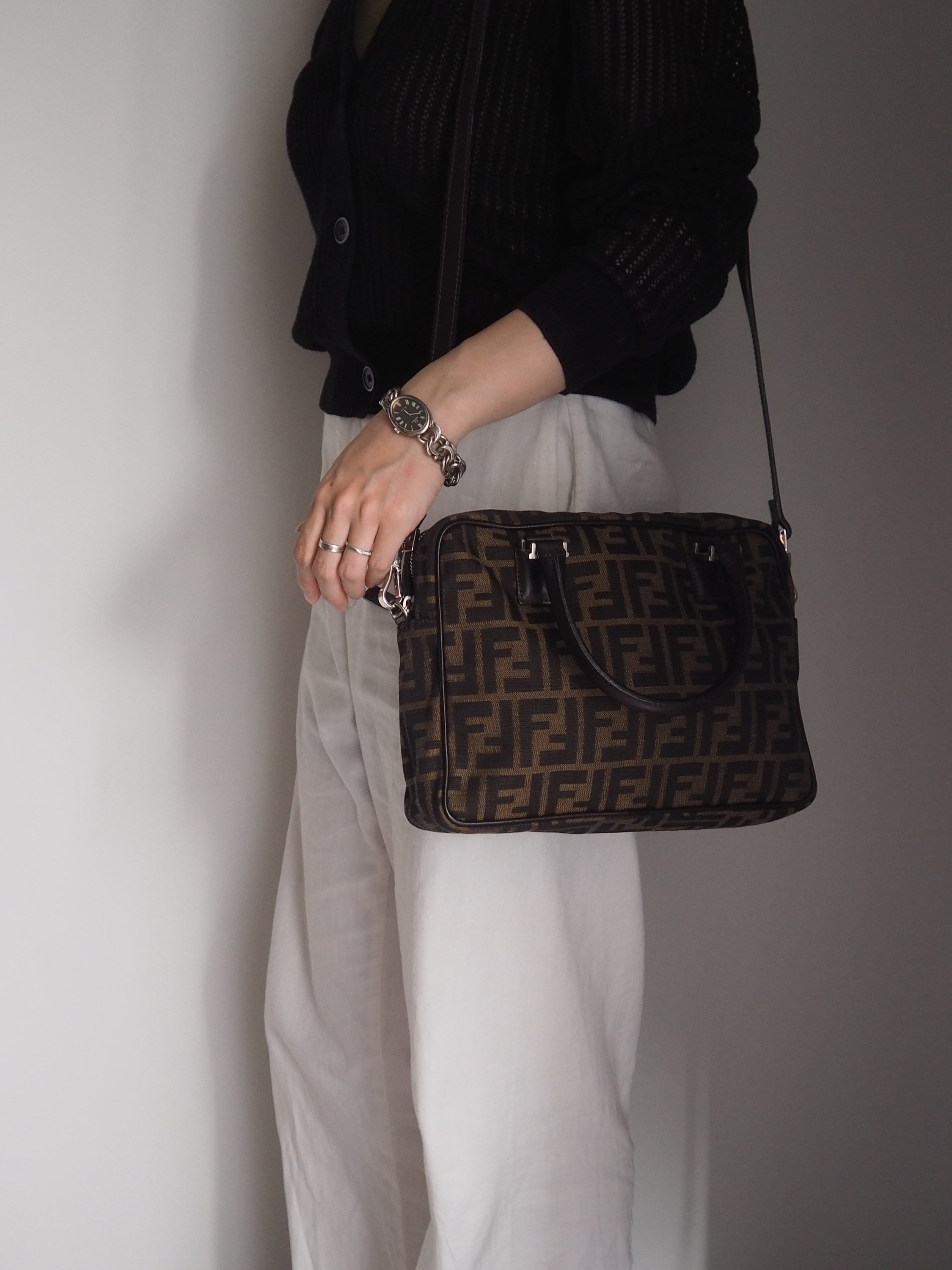 FENDI ZUCCA Shoulder Hand 2way Bag Canvas Leather Brown Vintage Authentic