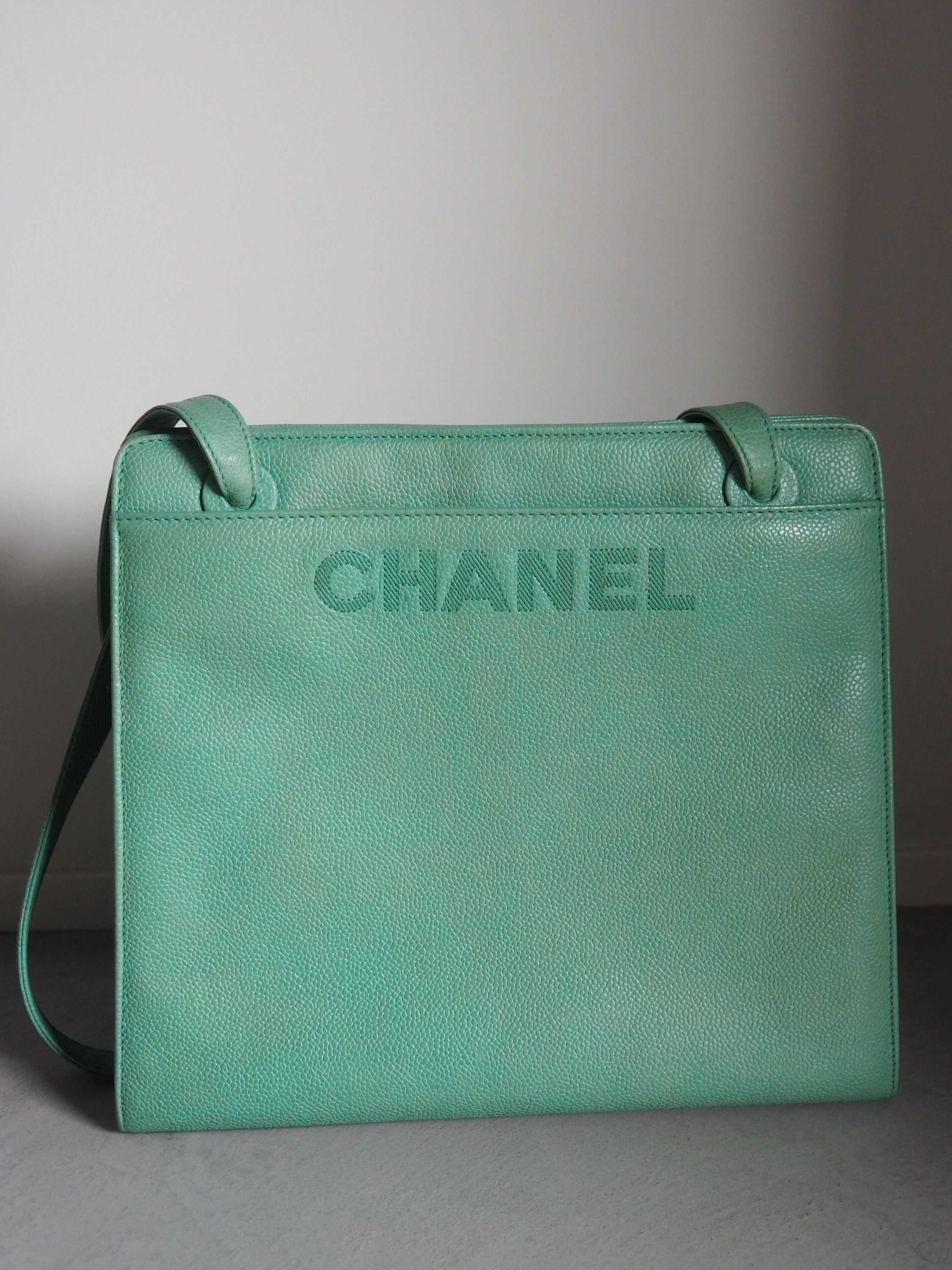 CHANEL Logo Shoulder Tote Shoulder Bag Tiffany Blue Authentic Vintage