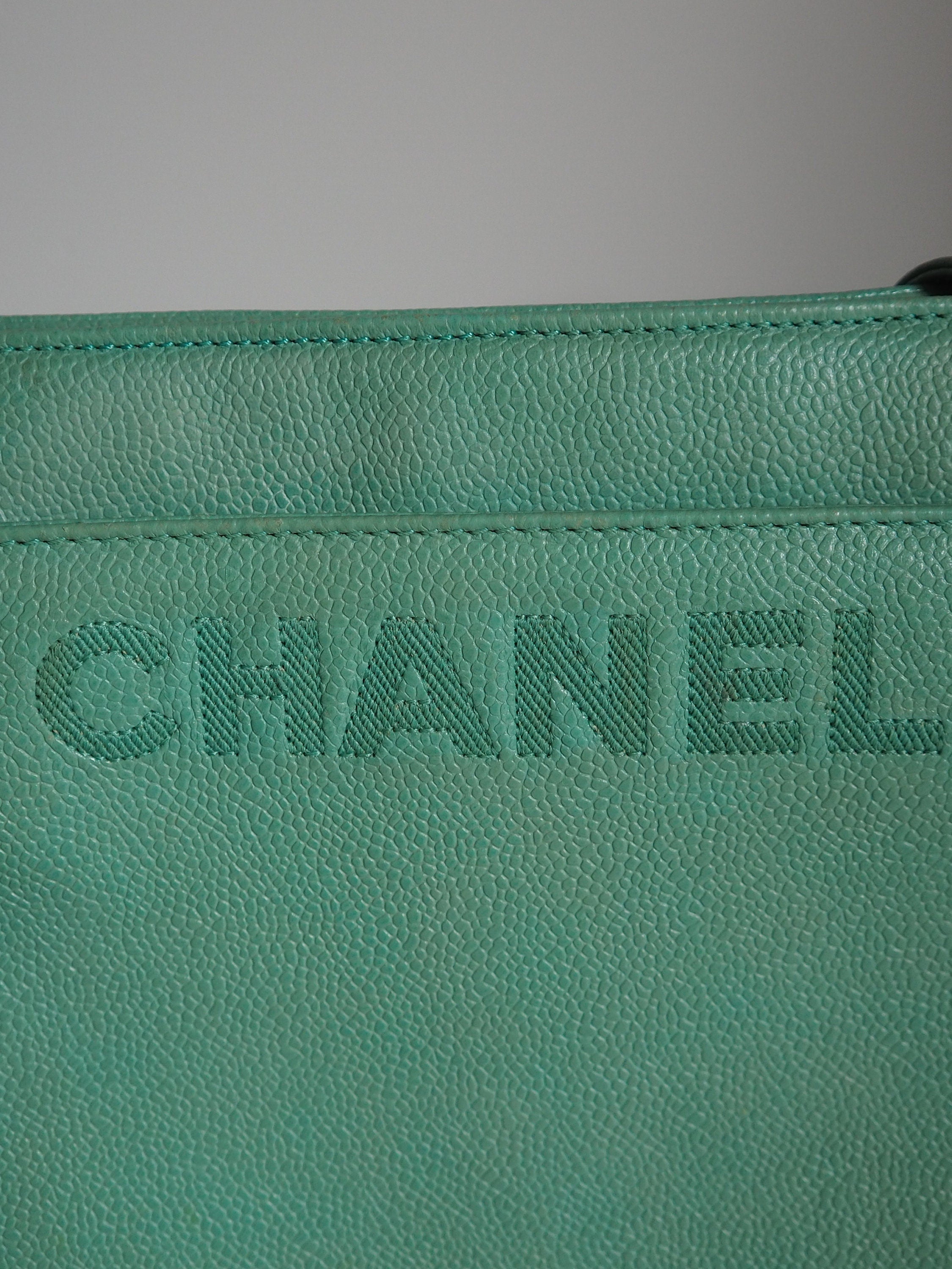 CHANEL Logo Shoulder Tote Shoulder Bag Tiffany Blue Authentic Vintage
