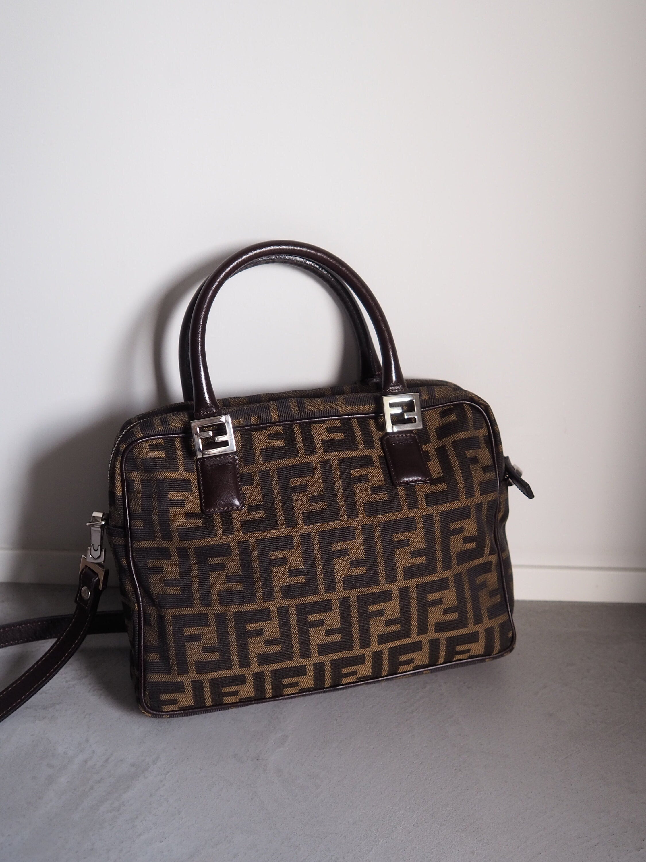 FENDI ZUCCA Shoulder Hand 2way Bag Canvas Leather Brown Vintage Authentic