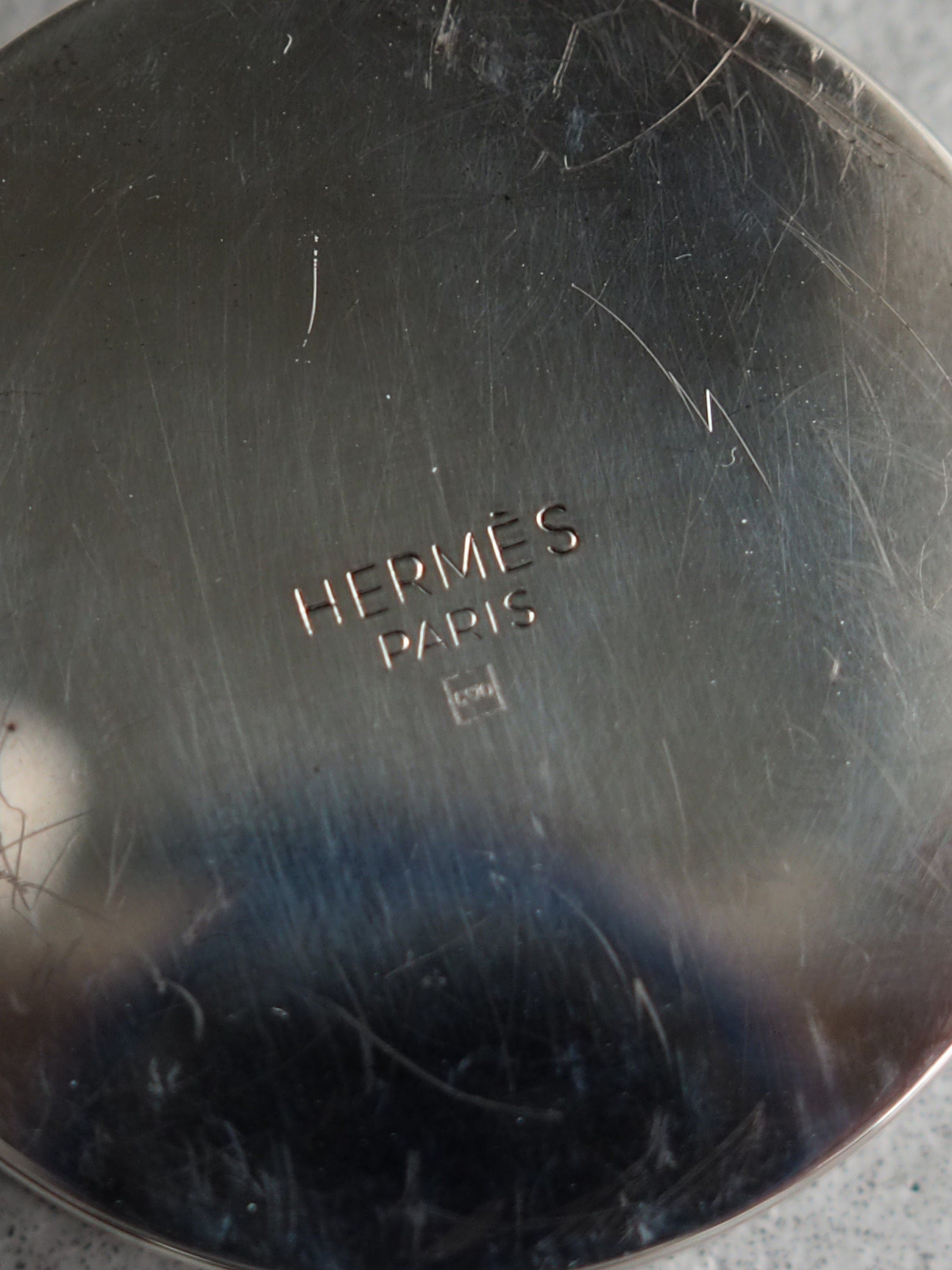 HERMES Pill case Clou de Selle Silver Metal Vintage Authentic