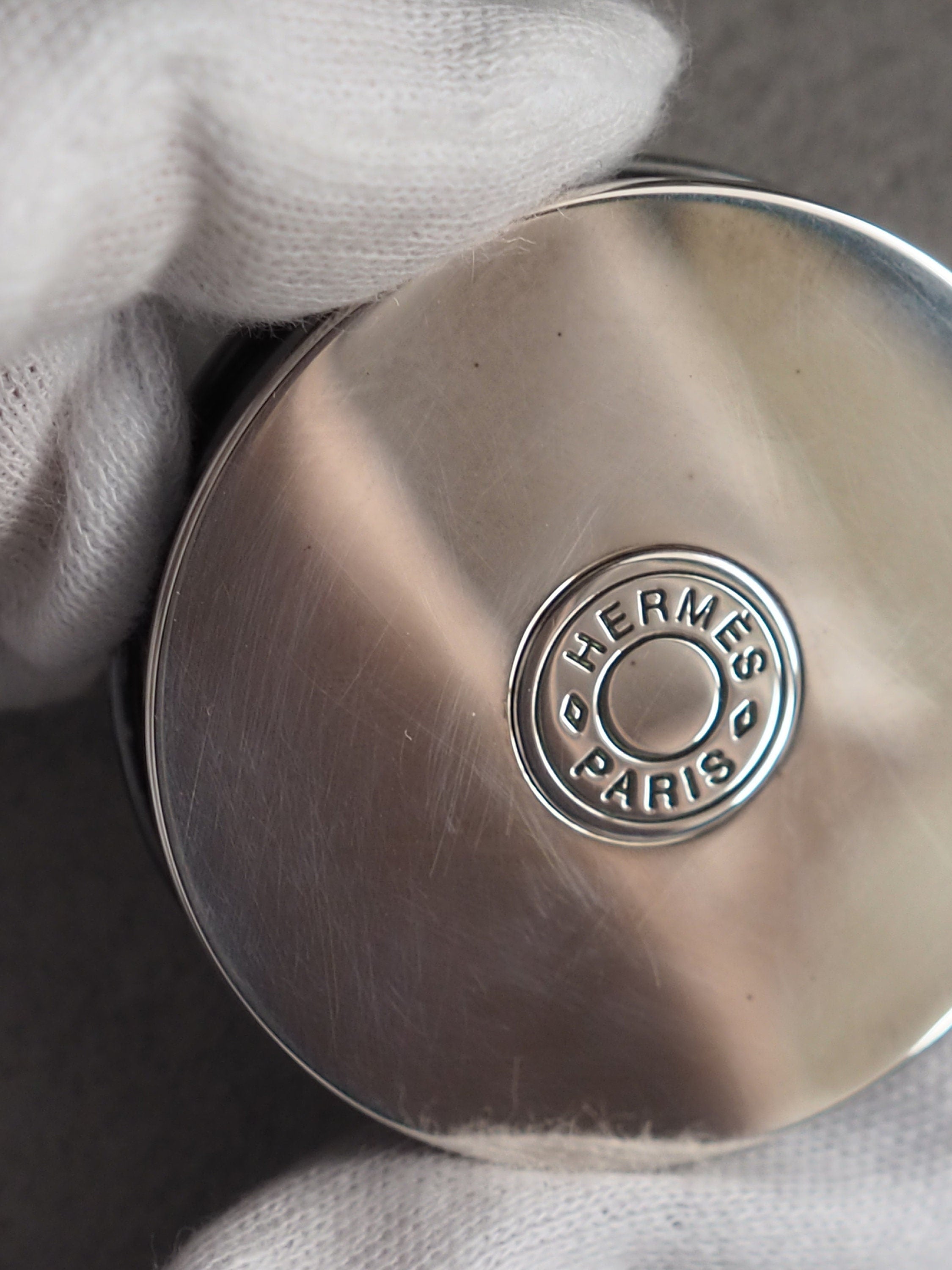 HERMES Pill case Clou de Selle Silver Metal Vintage Authentic