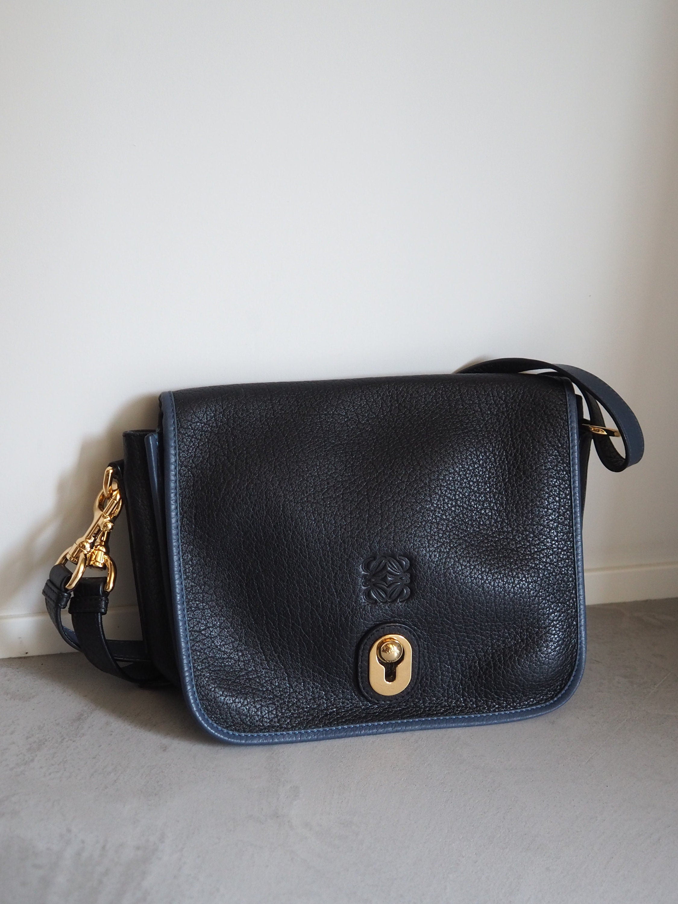 LOEWE Ines Logo Shoulder Hand bag Black Blue Leather Vintage Authentic