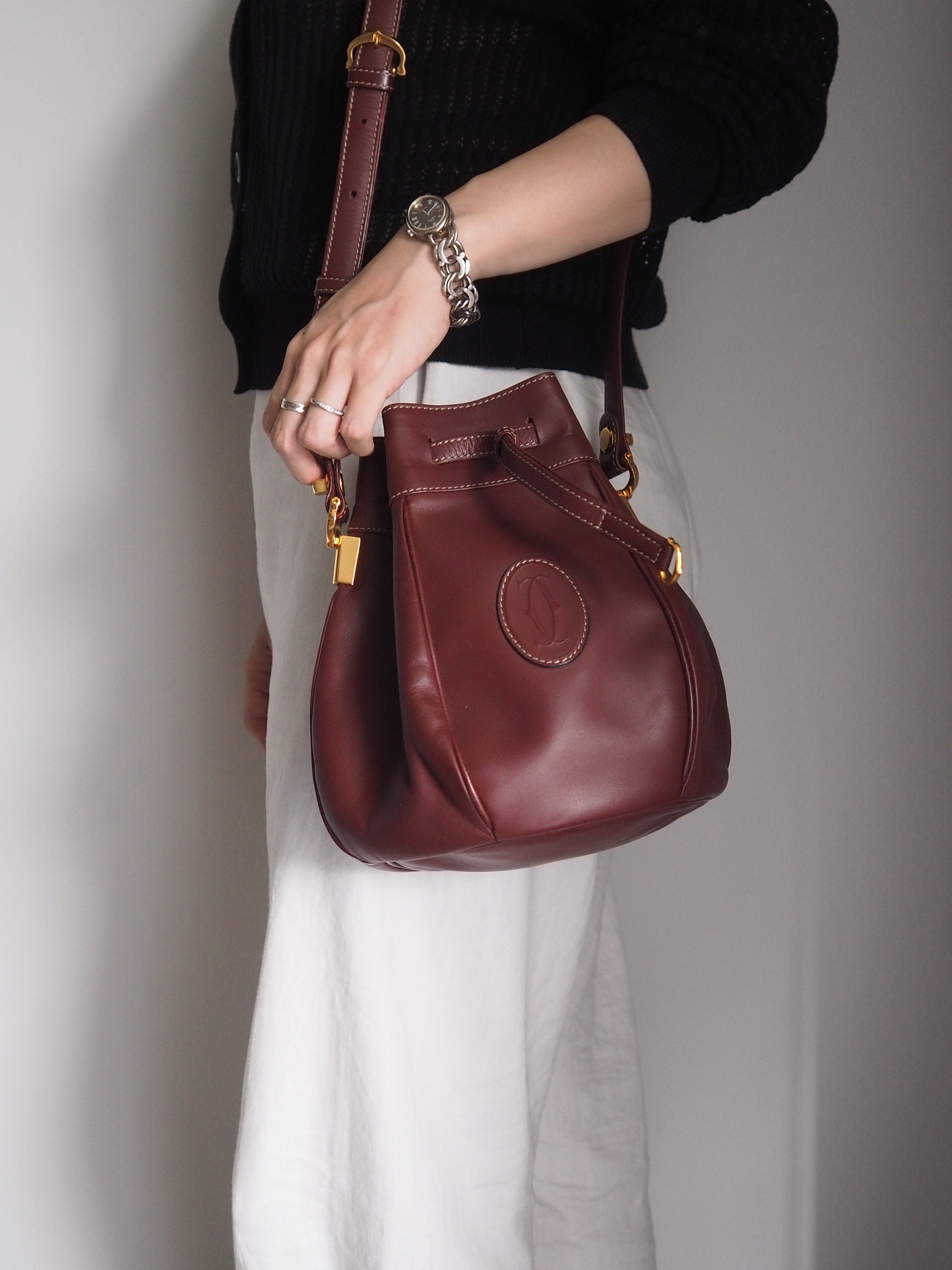 Cartier Must Line Drawstring Shoulder bag Red Bordeaux Leather Vintage Authentic