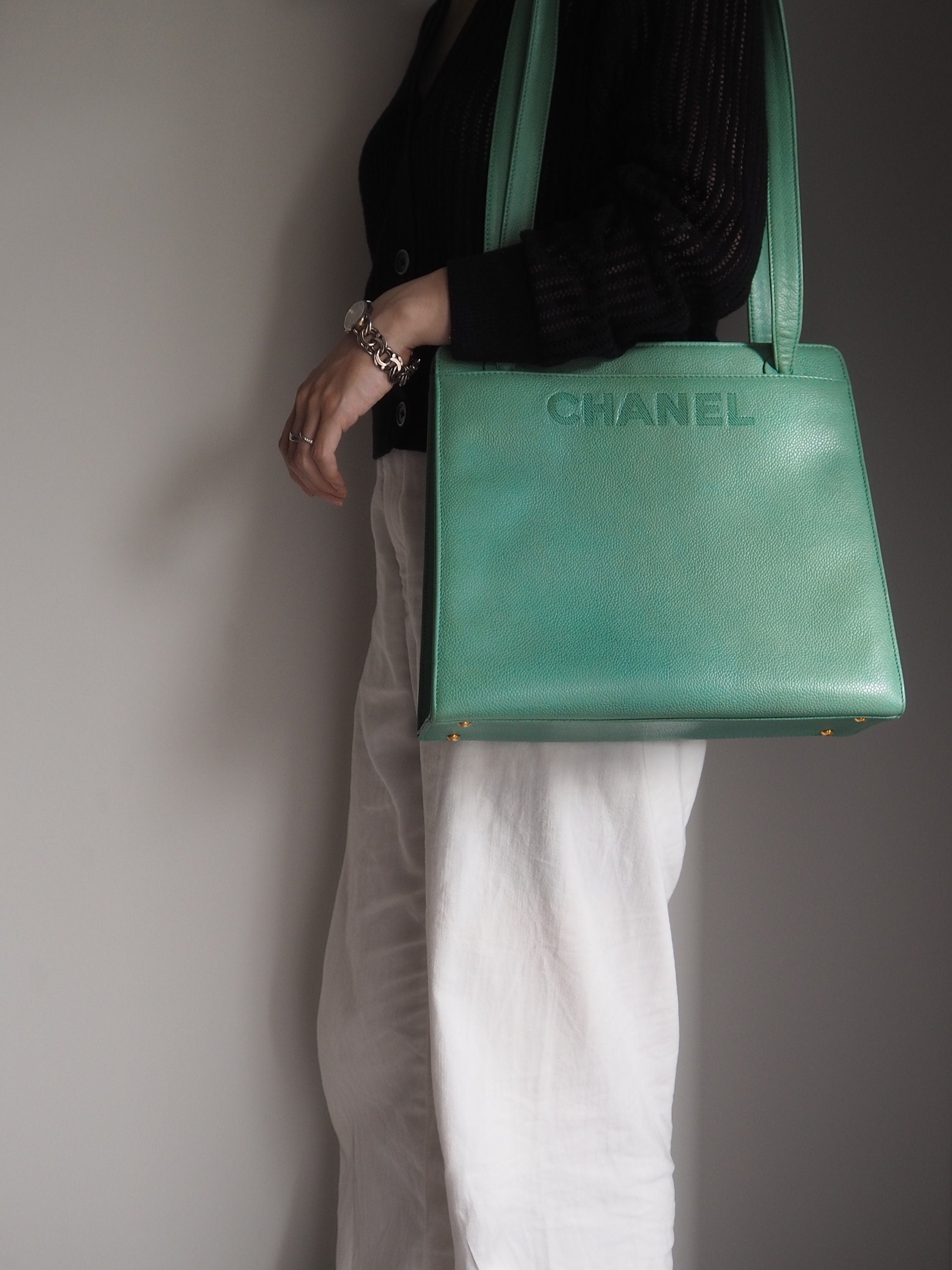 CHANEL Logo Shoulder Tote Shoulder Bag Tiffany Blue Authentic Vintage