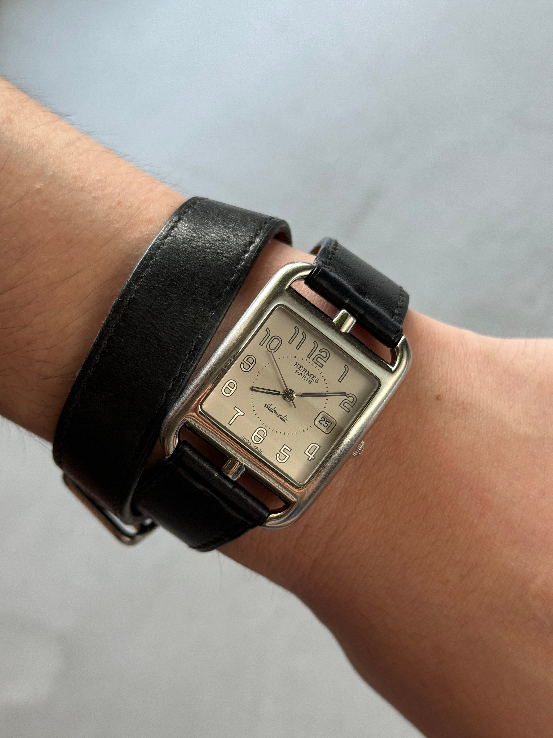 HERMES Cape Cod Watch Wristwatch Double Tour Silver Black CC1.710 Quartz Dial Men's Unisex Vintage Authentic