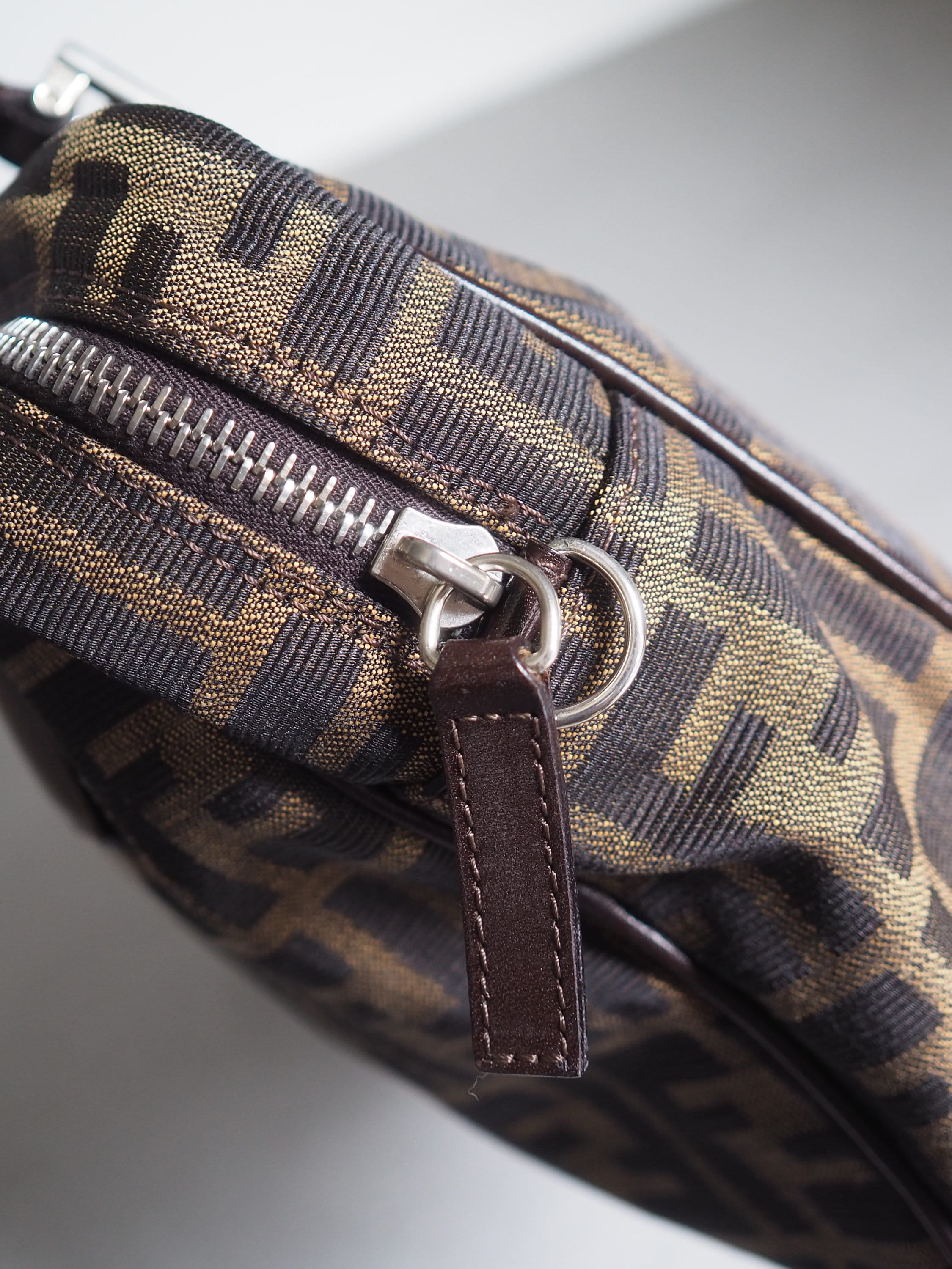 FENDI ZUCCA Shoulder Hand 2way Bag Canvas Leather Brown Vintage Authentic