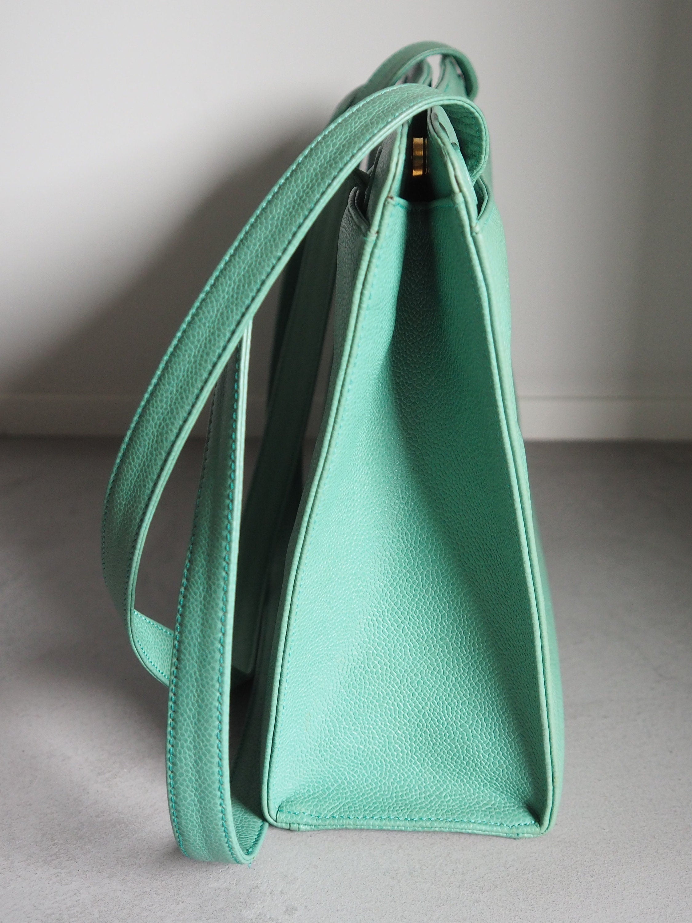 CHANEL Logo Shoulder Tote Shoulder Bag Tiffany Blue Authentic Vintage