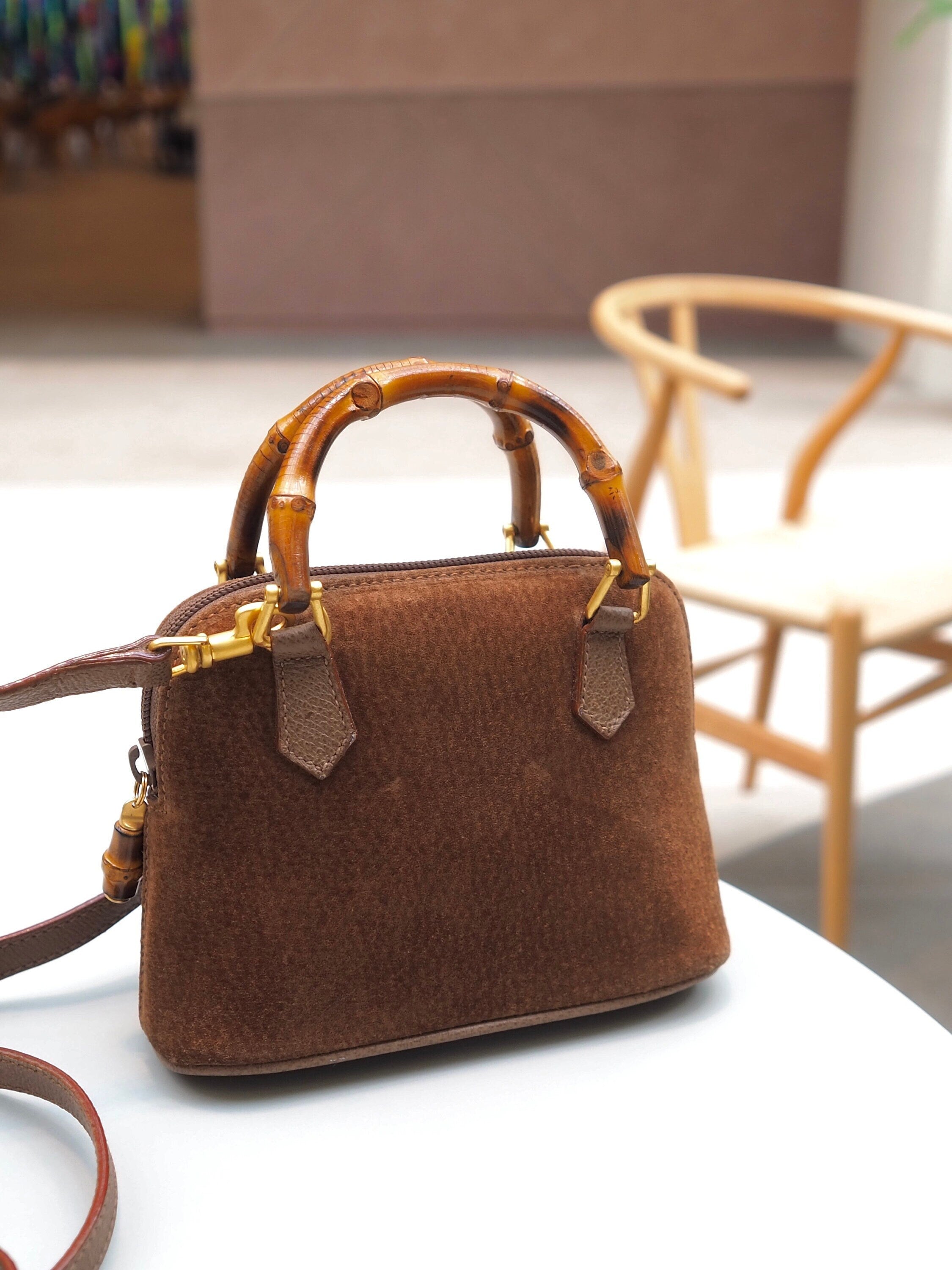 GUCCI Bamboo Mini Hand Shoulder 2way Bag Suede Brown Vintage Authentic