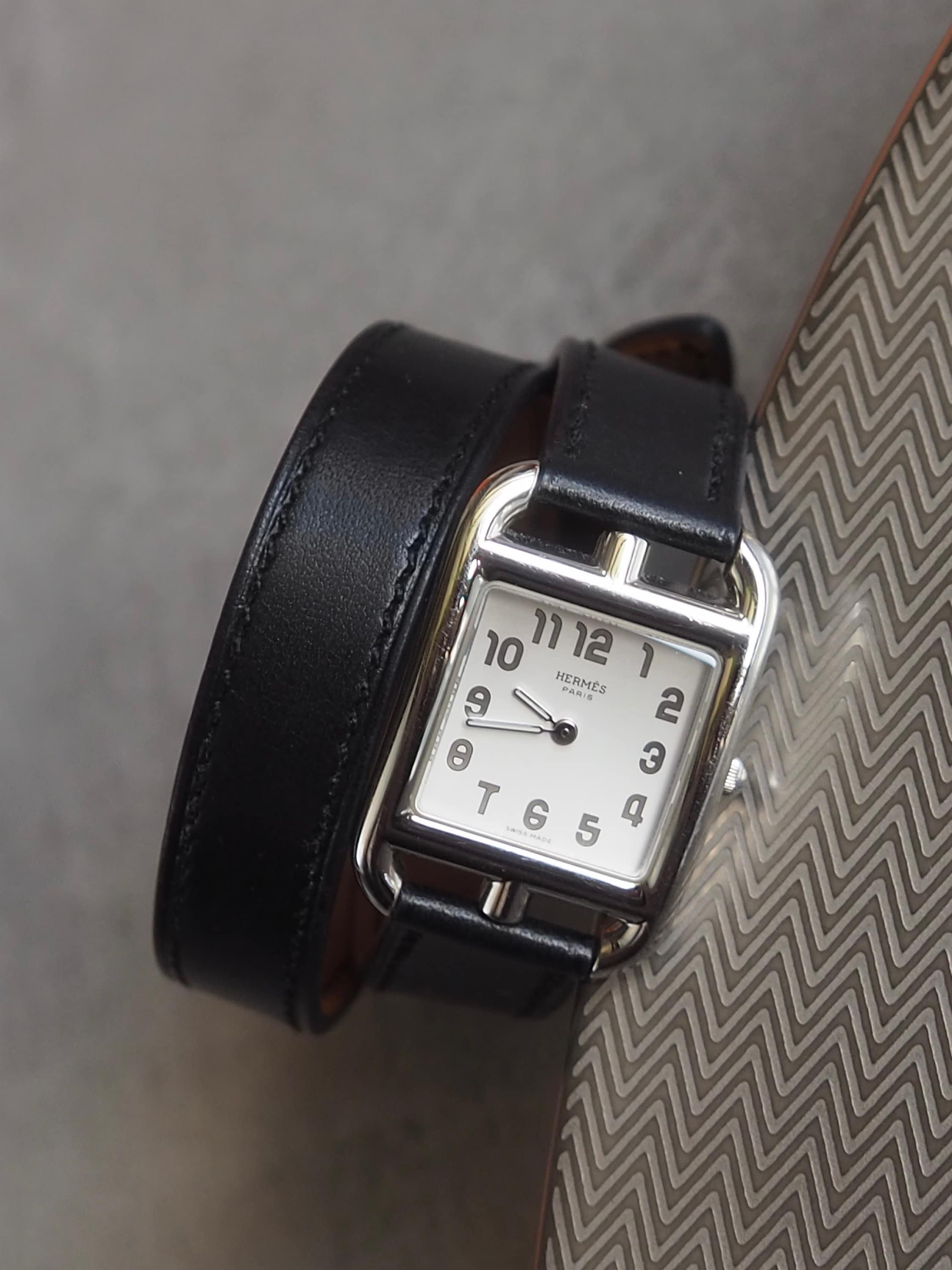 HERMES Cape Cod Watch Wristwatch Double Tour Silver Black CC1.710 Quartz Dial Ladies Vintage Authentic