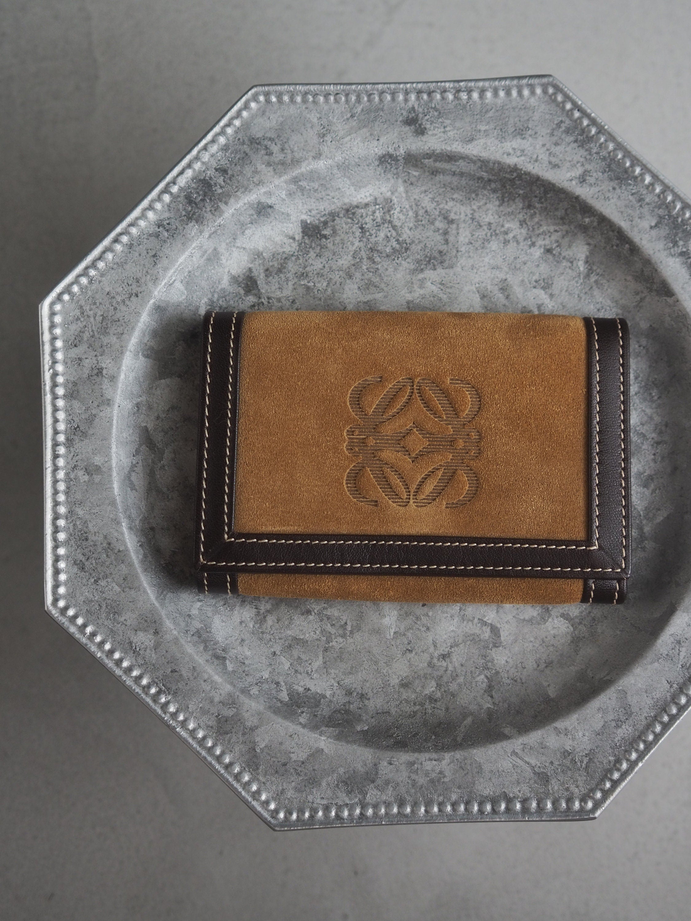 LOEWE Anagram Key Card Case Purse Brown Suede Leather Vintage Authentic