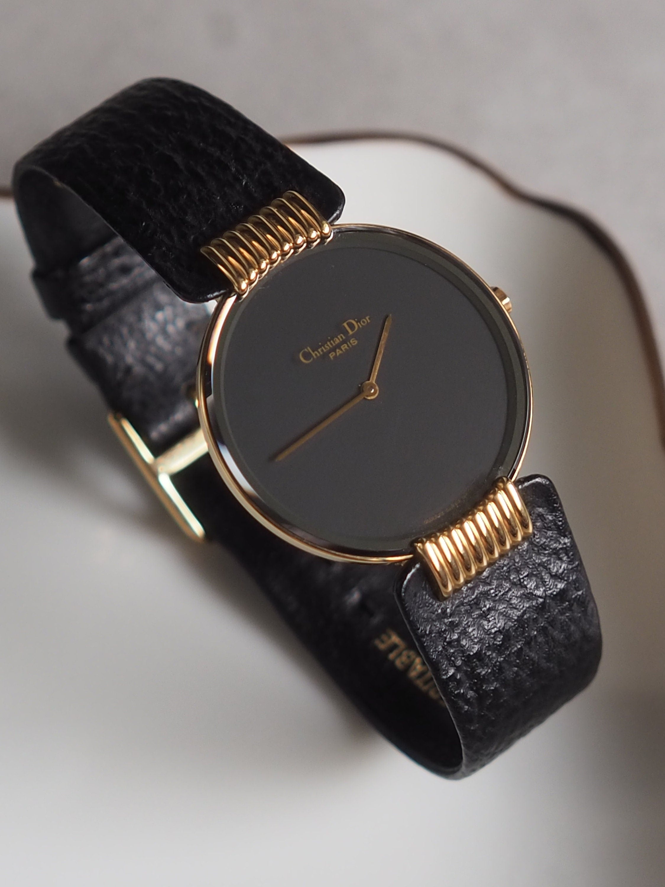 Christian Dior Bagheera Black Moon Watch Gold Metal Leather Quartz Wristwatch Unisex