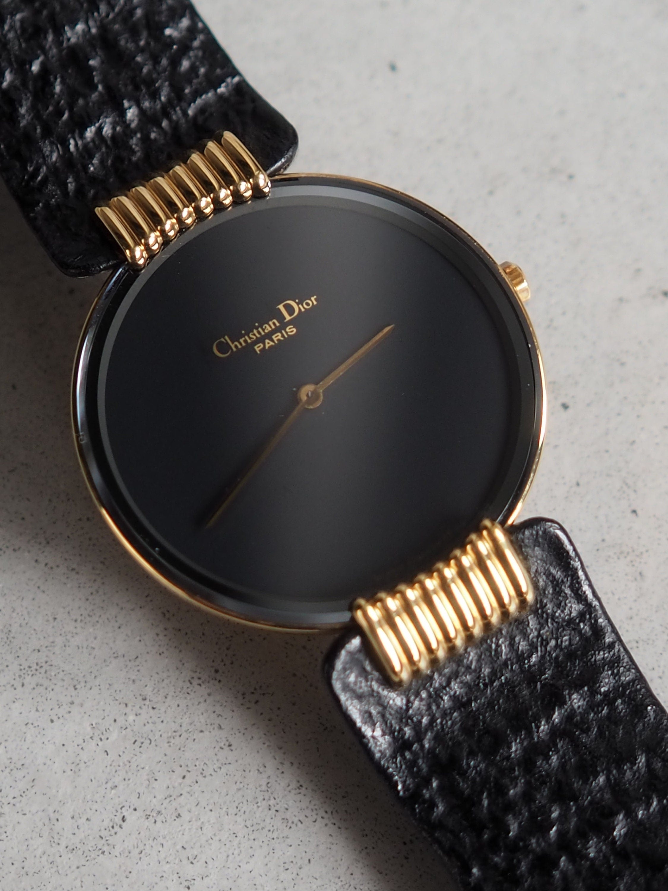 Christian Dior Bagheera Black Moon Watch Gold Metal Leather Quartz Wristwatch Unisex