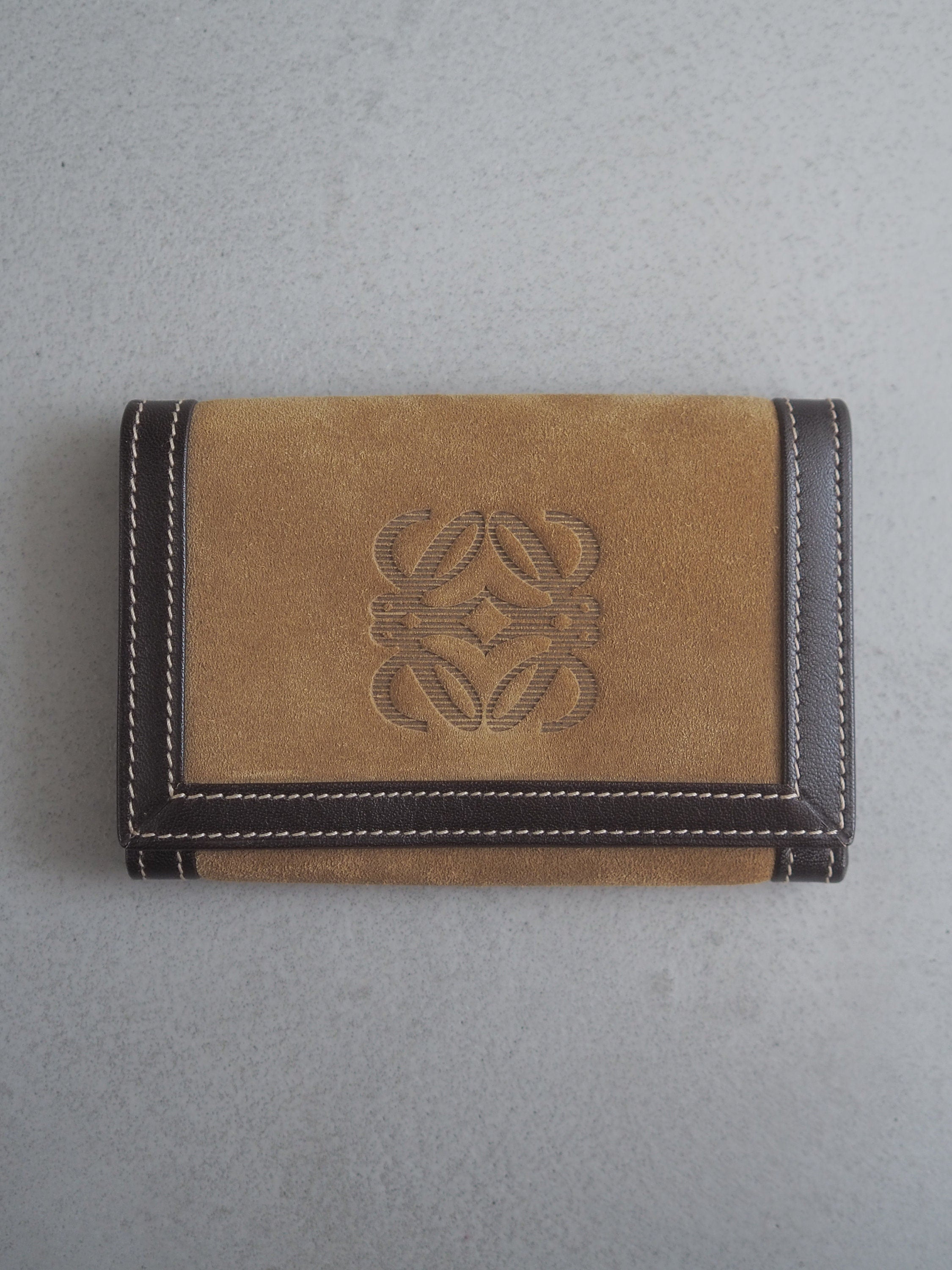 LOEWE Anagram Key Card Case Purse Brown Suede Leather Vintage Authentic