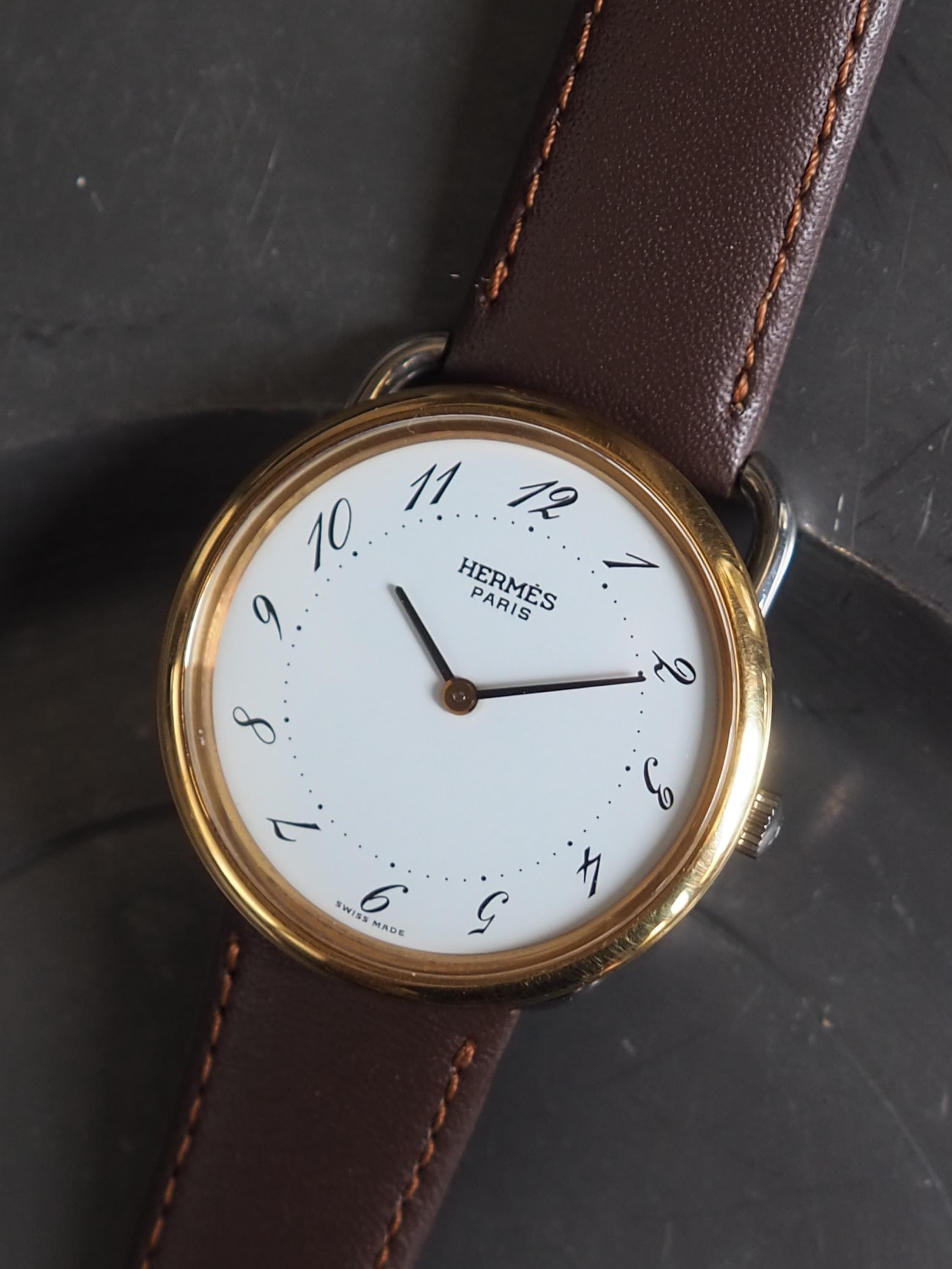 HERMES Also Watch Wristwatch Silver Gold Color Stainless steel Brown Leather Men's Unisex Vintage Authentic