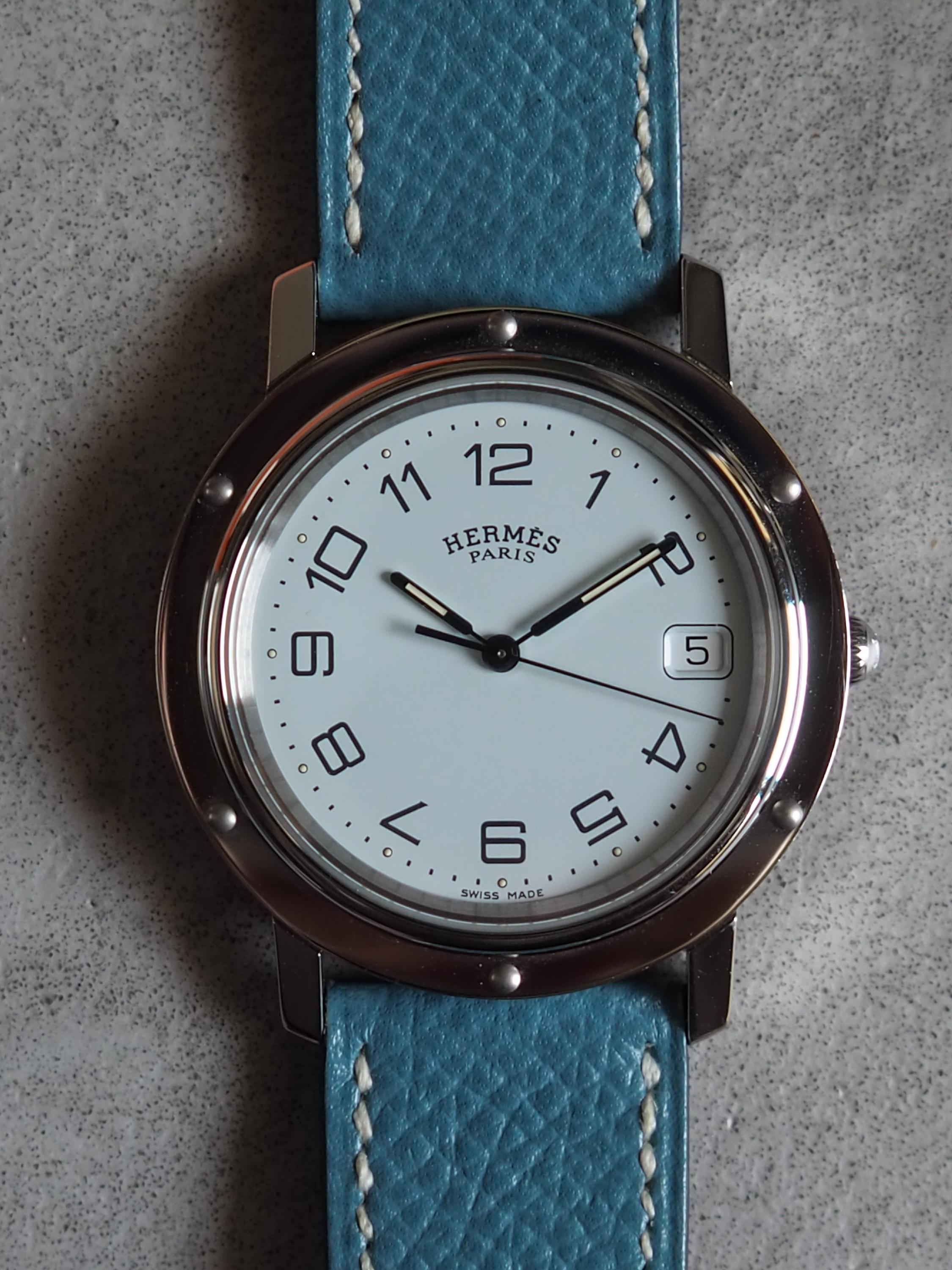 HERMES Clipper Watch Watches Men's Unisex Silver Color Stainless steel Blue Leather Vintage Authentic