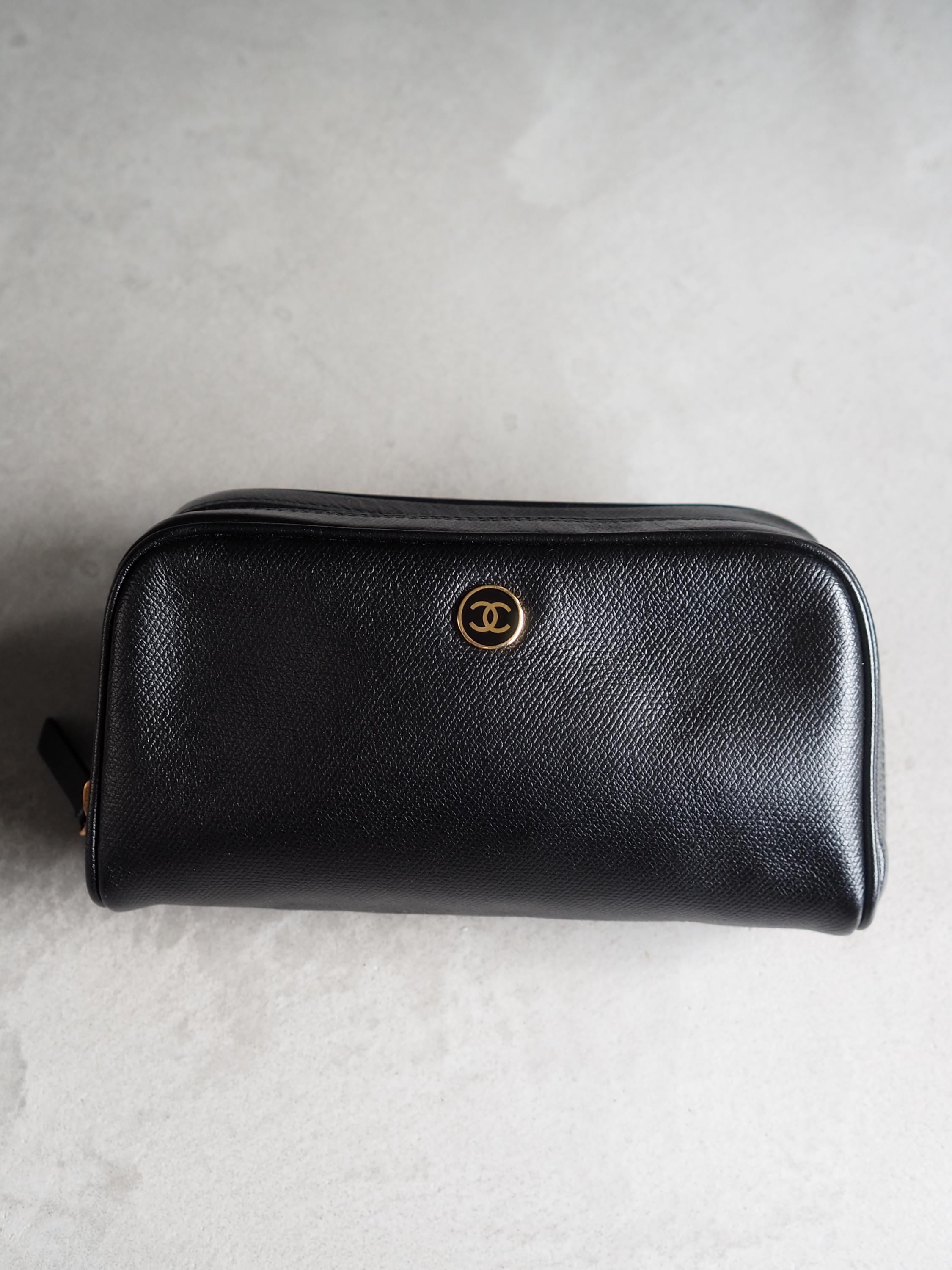 CHANEL COCO Button Pouch Purse Leather Black Authentic Vintage