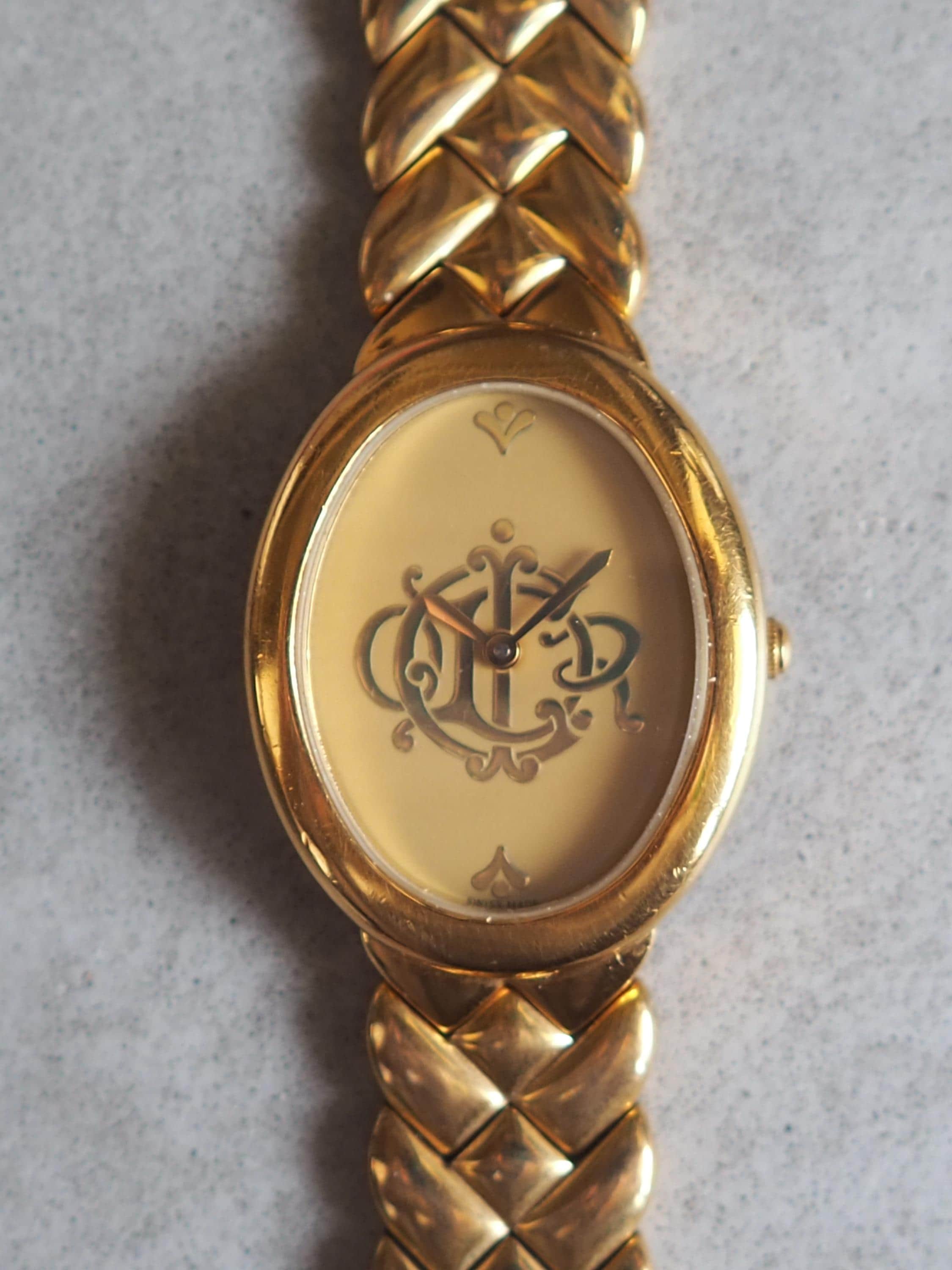 Christian Dior Emblem Logo Watch Gold Metal Quartz Wristwatch Ladies Vintage Authentic