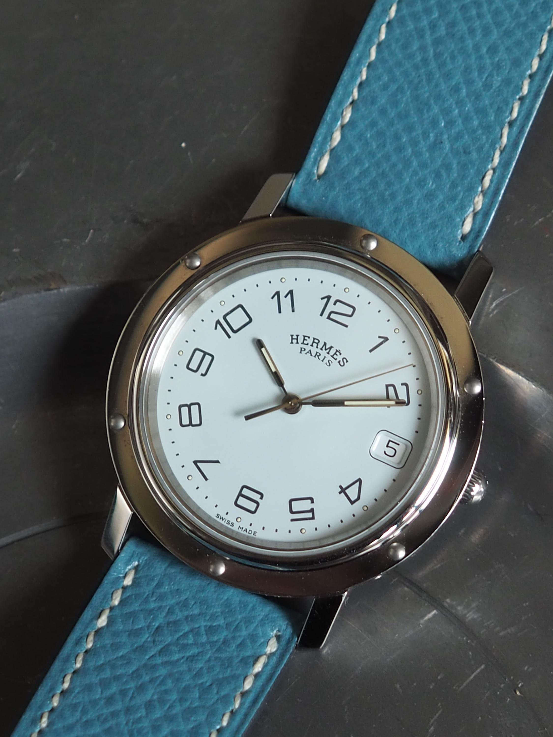 HERMES Clipper Watch Watches Men's Unisex Silver Color Stainless steel Blue Leather Vintage Authentic