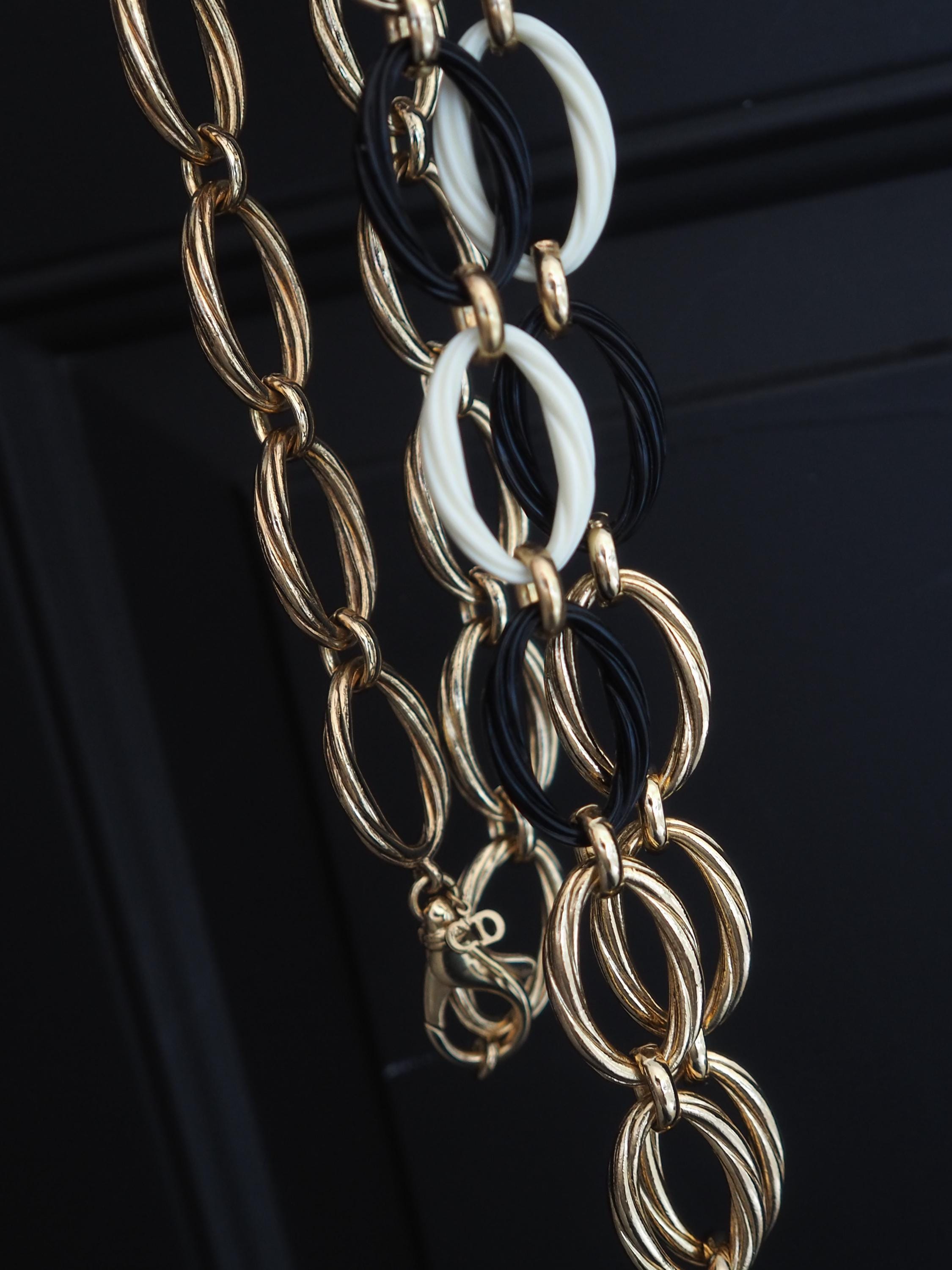 Christian Dior Chain Belt Necklace Vintage Metal Gold Black White Authentic