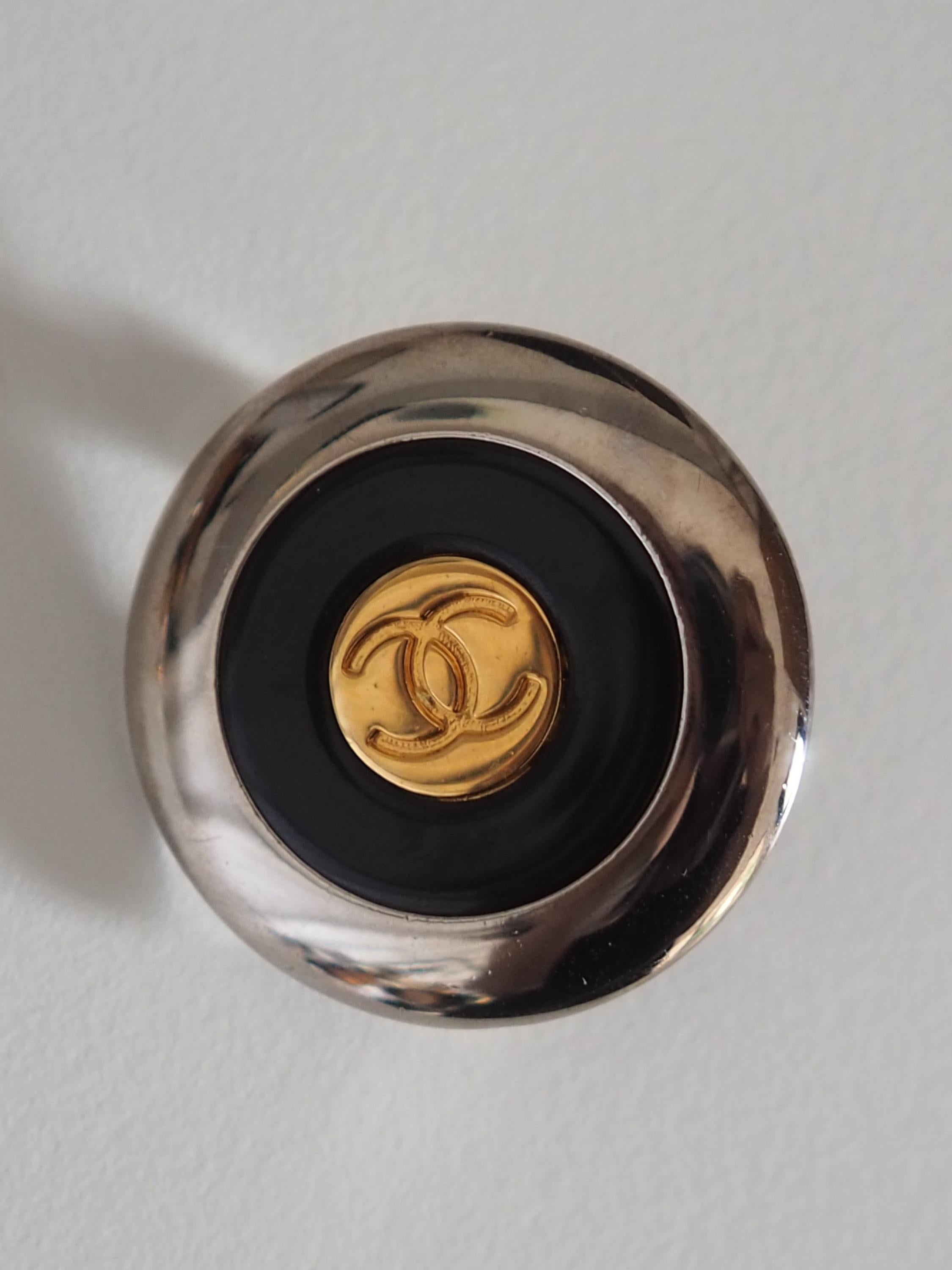 CHANEL COCO Mark Round Clip-on Earrings Silver Gold Black Color Vintage Authentic