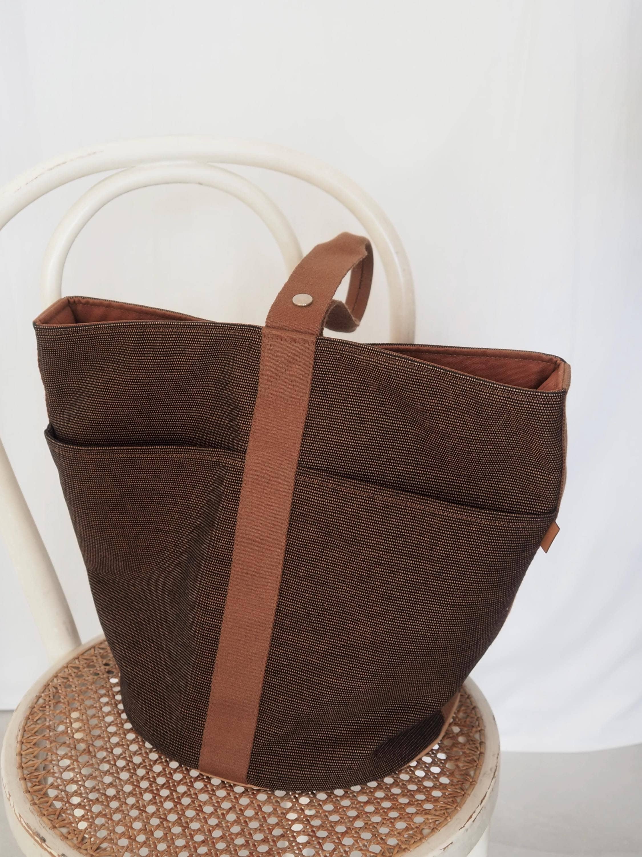 HERMES Saxo GM Canvas Hand Tote Bag Brown Vintage Authentic