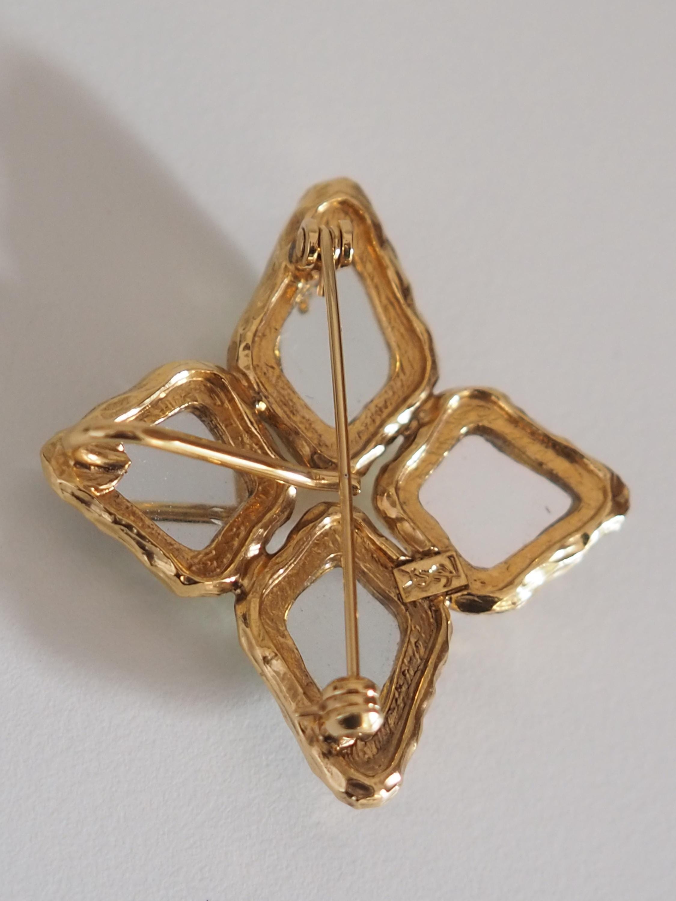 YSL Yves Saint Laurent Earrings Brooch Gold Tone Green Stone Vintage Authentic Very Rare