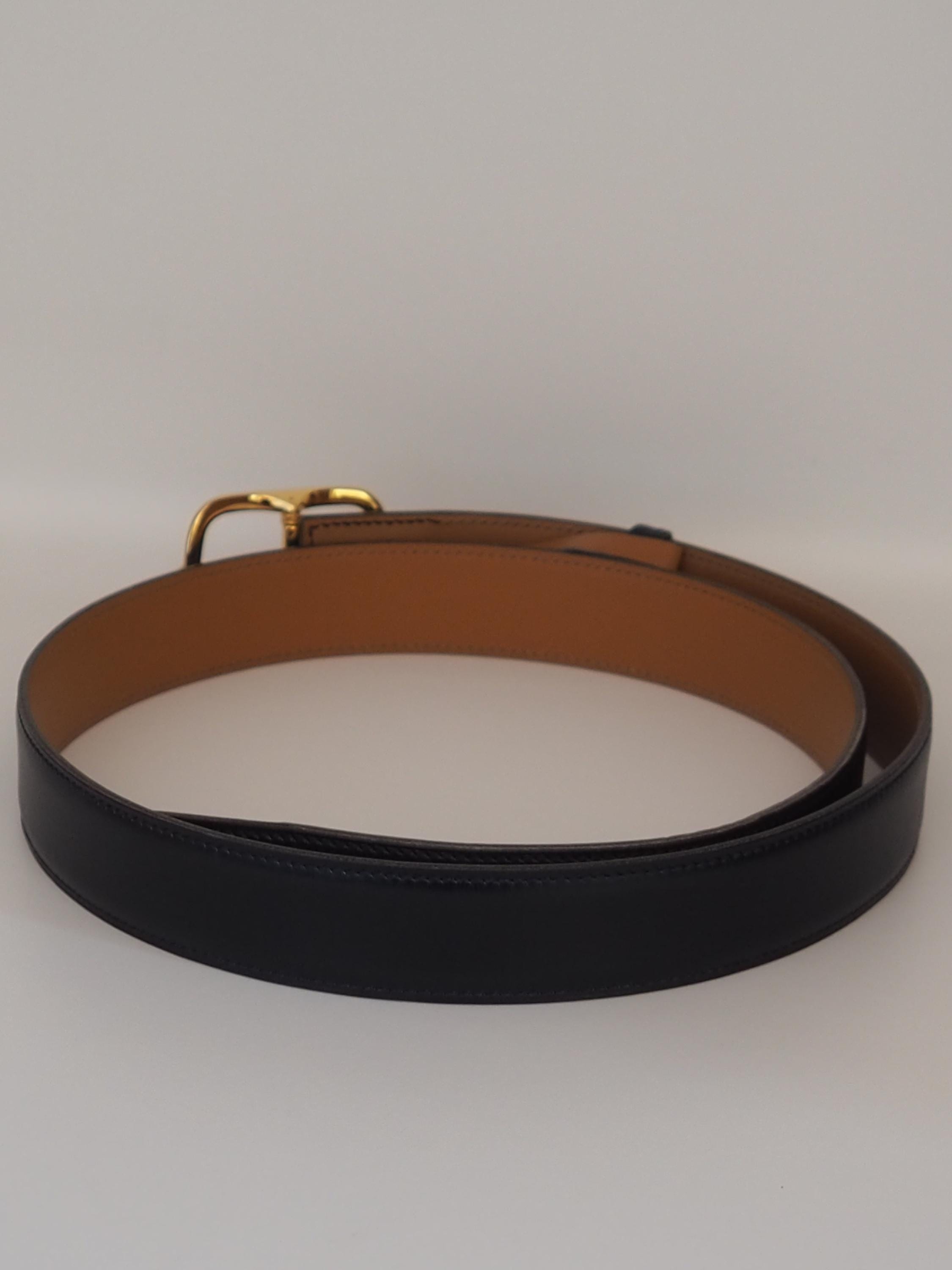 HERMES Belt Size 90 Black Brown Leather Gold Metal Mens Unisex Vintage Authentic Box
