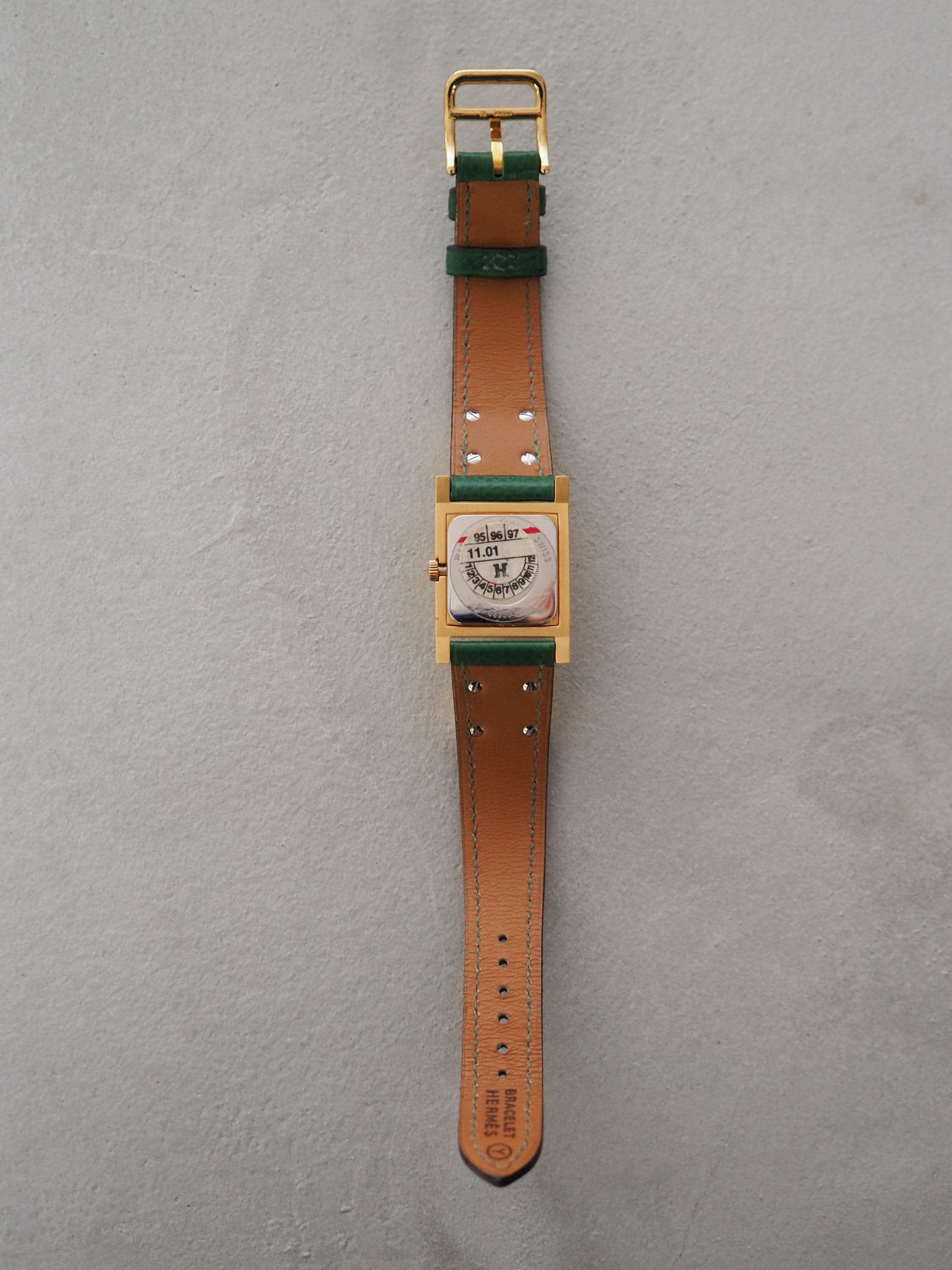 HERMES Medor Watch Wristwatch Stud Green Leather Gold Color Ladies Unisex Vintage Authentic Box