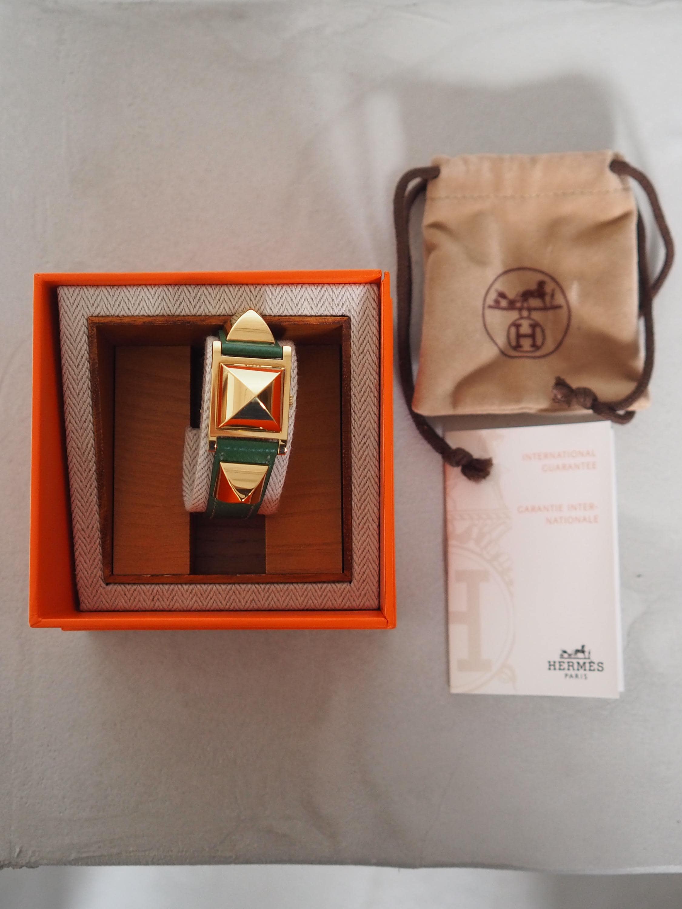 HERMES Medor Watch Wristwatch Stud Green Leather Gold Color Ladies Unisex Vintage Authentic Box