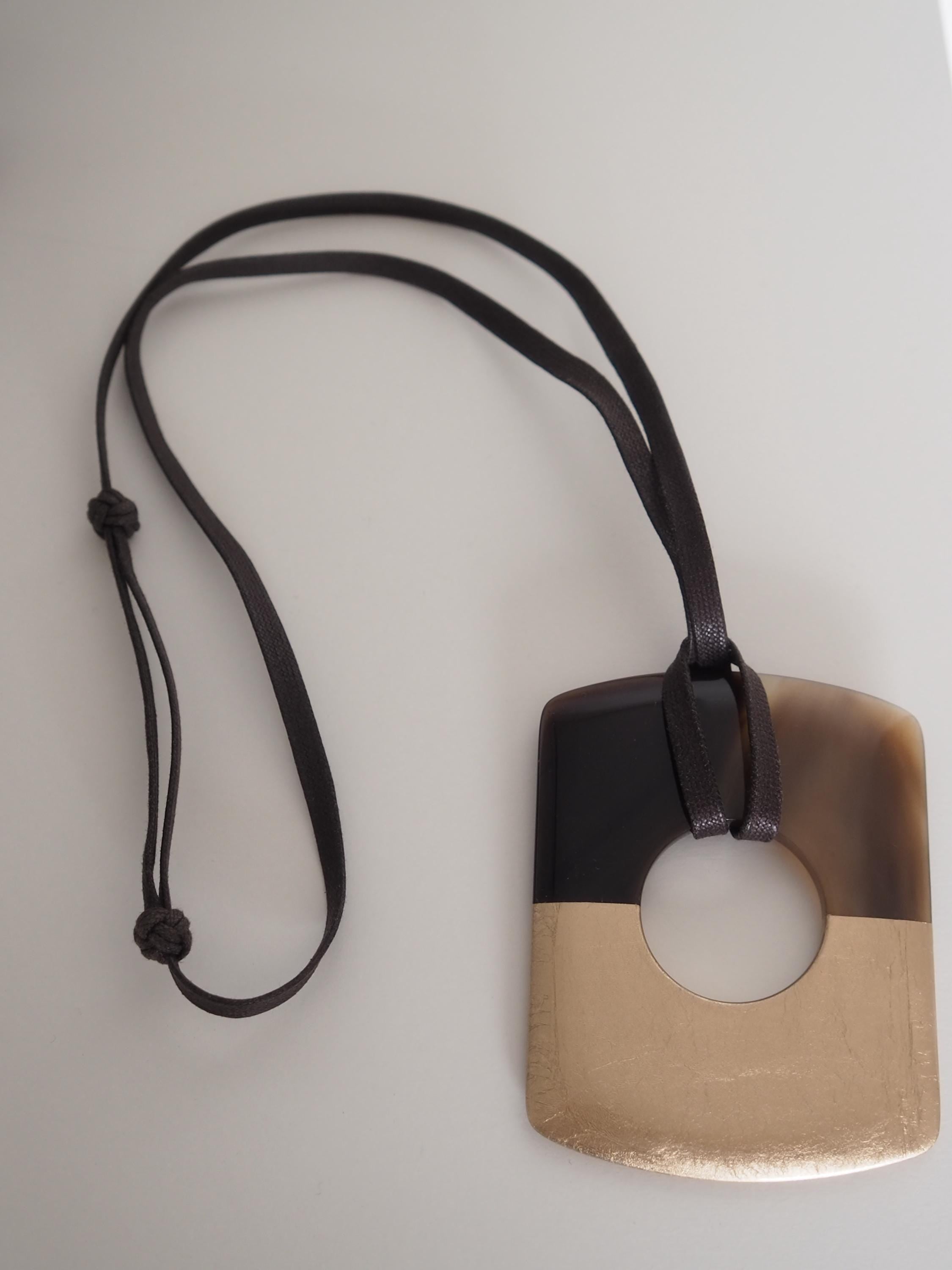 HERMES Buffalo Horn Pendant Necklace Leather Brown Gold Vintage Authentic Box