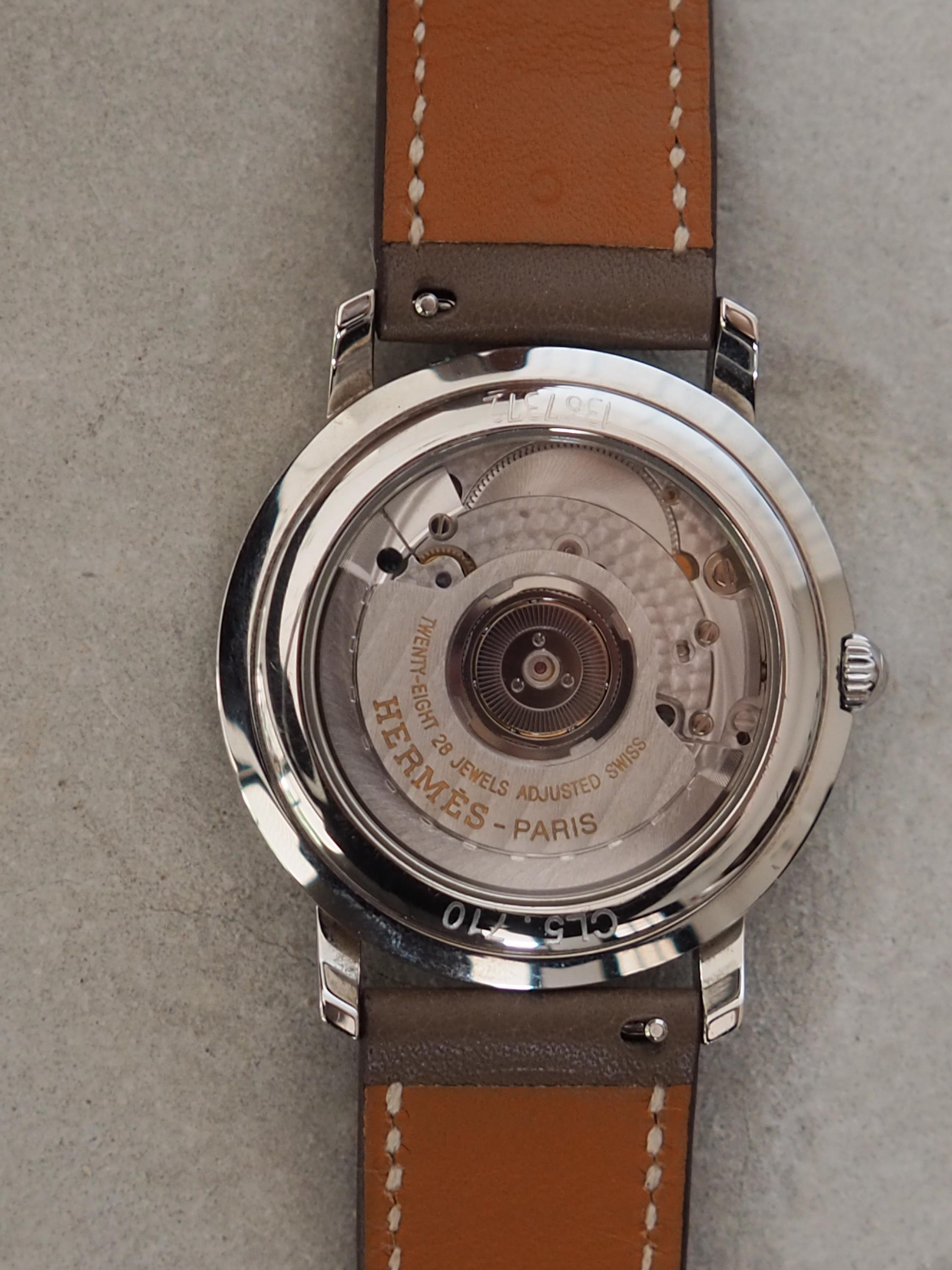 HERMES Clipper Watch Watches Men's Unisex Silver Color Stainless steel Etoupe Leather Vintage Authentic